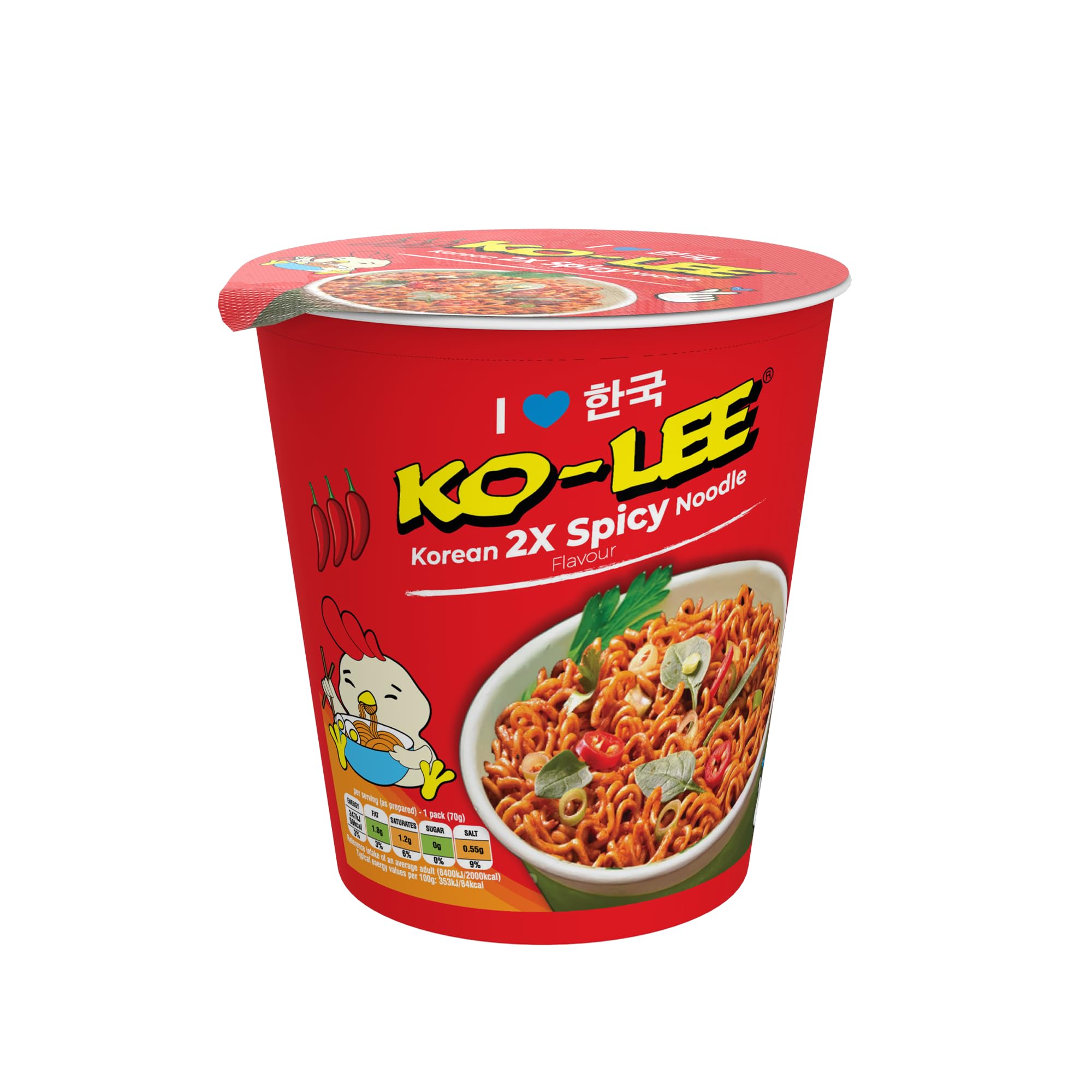 KO-LEE Korean Cup 2X Spicy Chicken Instant Noodles | Halal, Vegetarian, Extra Hot Ramen Noodle Pot Ready in 3 Minutes | 65g (Pack of 6)
