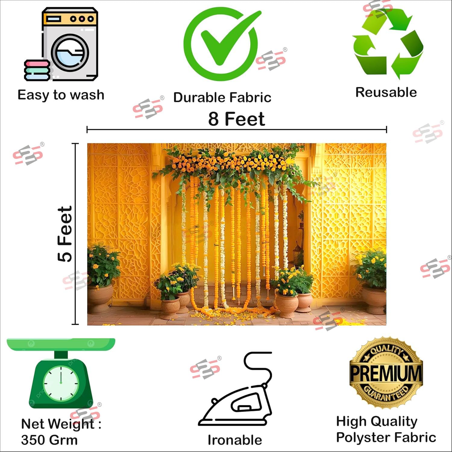 S2S Stylish Yellow Haldi Decorative Backdrop Cloth | Haldi Decoration Items for Home | Backdrop for Pooja Decoration - (5 x 8 Feet) 2