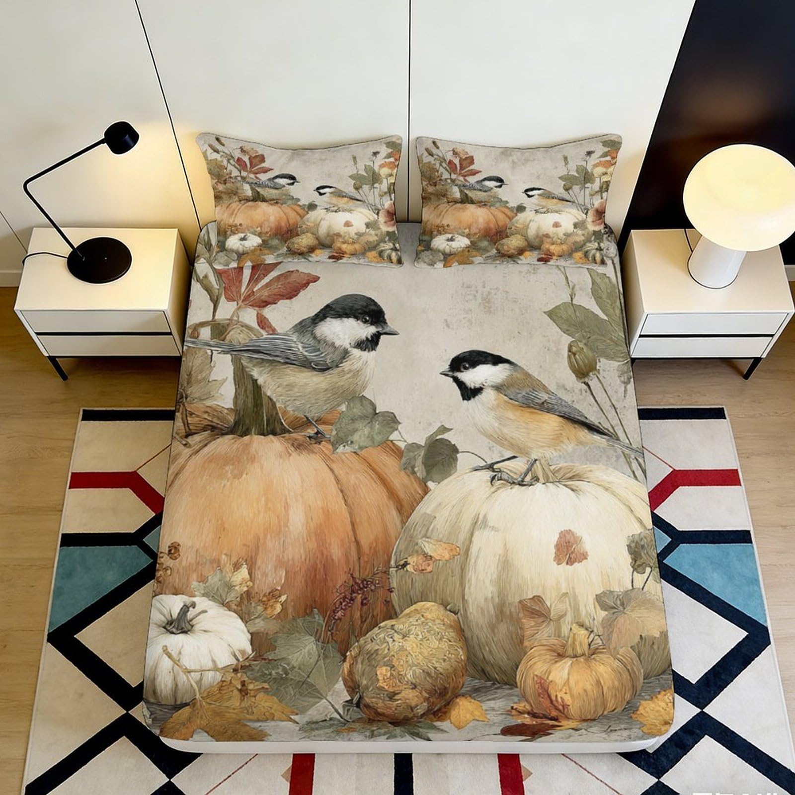 3D Printed Pumpkin Bird Fitted Sheet Microfiber Deep Pocket Bedroom Non-Slip Pumpkin Bird Mattress Fitted Cover for Adults Teens 180x200x25cm