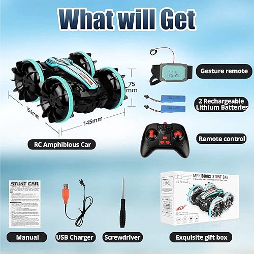 Miniatura 6 de AmazeFun Auto de control remoto anfibio, sensor de gestos de 2.4 GHz, barco de control remoto 4WD, rotación de 360, auto de acrobacias a control