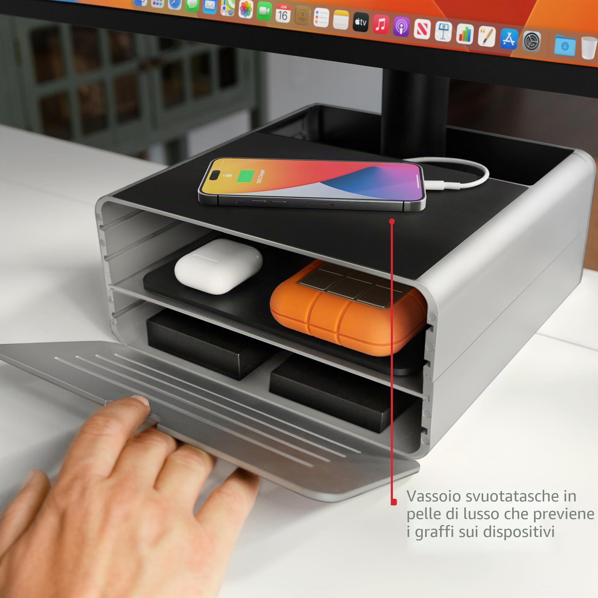 Twelve South HiRise Pro - Supporto regolabile per monitor con contenitore, supporto regolabile per monitor esterni, iMac, PC, Dell, LG, organizer da scrivania, argento