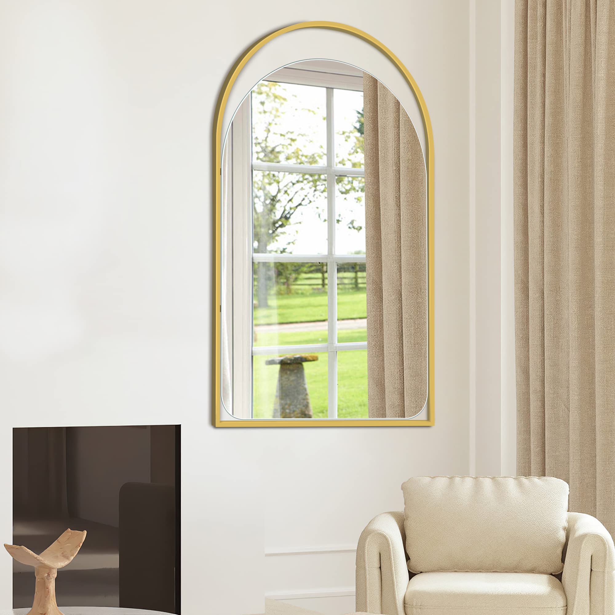 PexFix Arched Wall Mirror, 24"x 32" Bathroom Mirror Wall Mounted Metal Frame for Wall Decor, Decorative Mirrors for Home Decor Bathroom Entry Living Room(Brushed Gold)