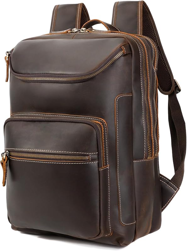LANNSYNE Vintage Leather Backpack for Men, 16" Laptop Full Grain Leather Travel Backpack with Ergonomic Shoulder Straps, Lightweight Business Daypack Rucksack for Work Commute Hiking Camping