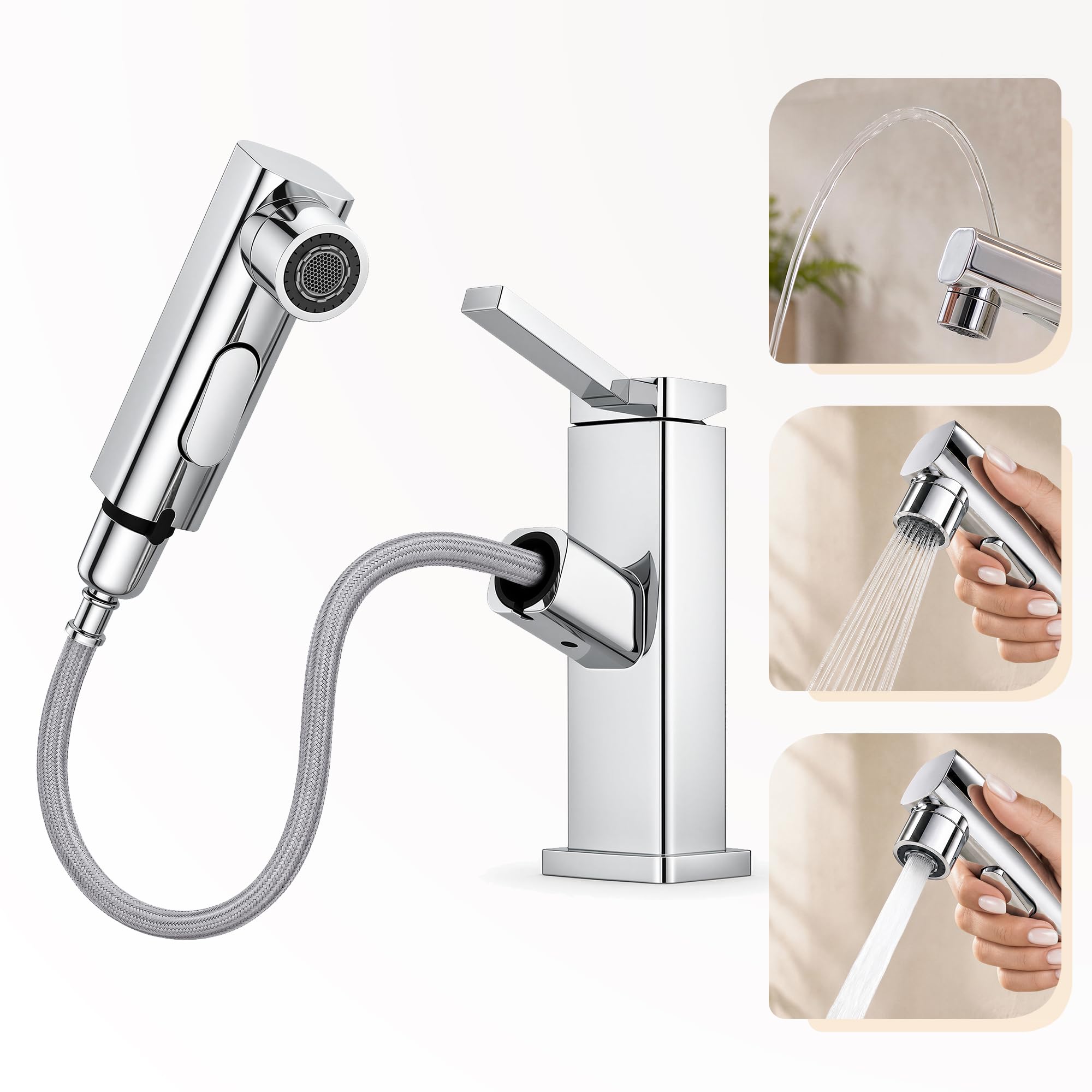 ELEGANT Square Bathroom Mixer Tap, Pull Out Basin Tap with 3 Spray Modes