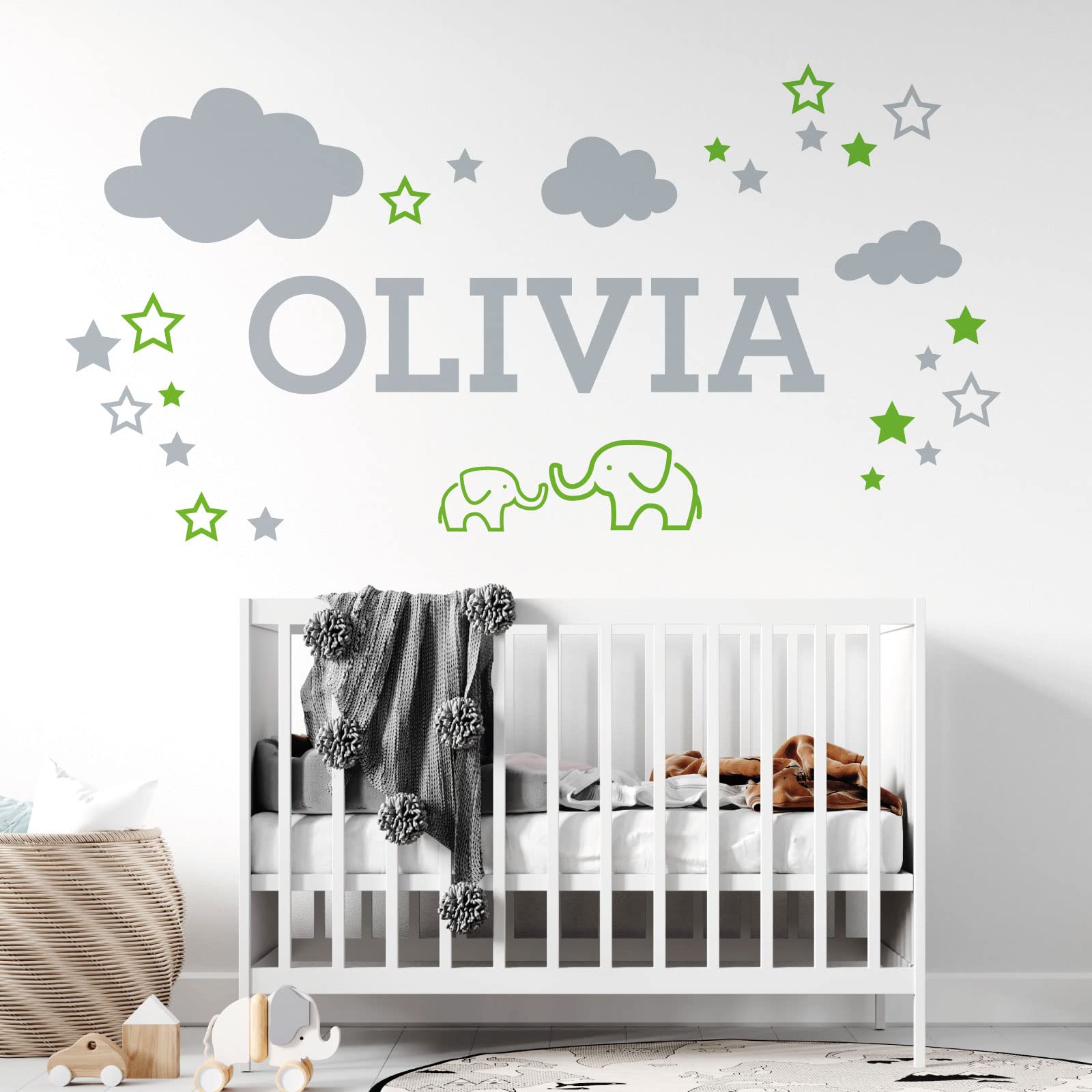 Elephants, Clouds & Stars - Personalised Name Nursery Wall Sticker [Large] [Lime] — image 1