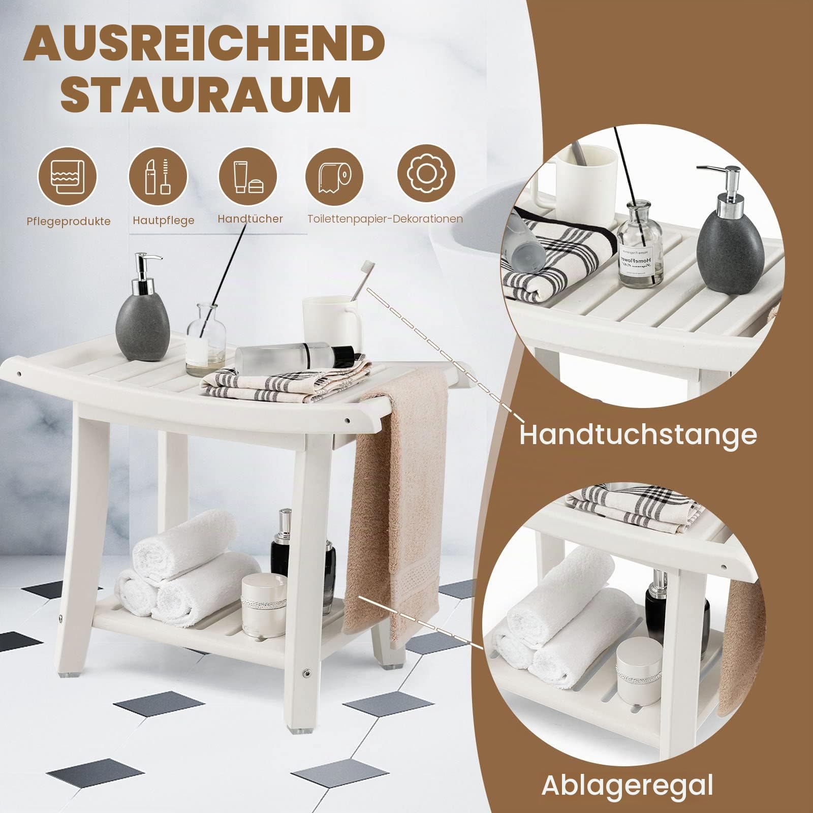 LIFEZEAL Duschbank mit 2 Etagen, Bad Sitzbank&Duschhocker, Duschstuhl Badezimmer 150kg belastbar, Multifunktionale Badesitz, Duschsitz Weiß