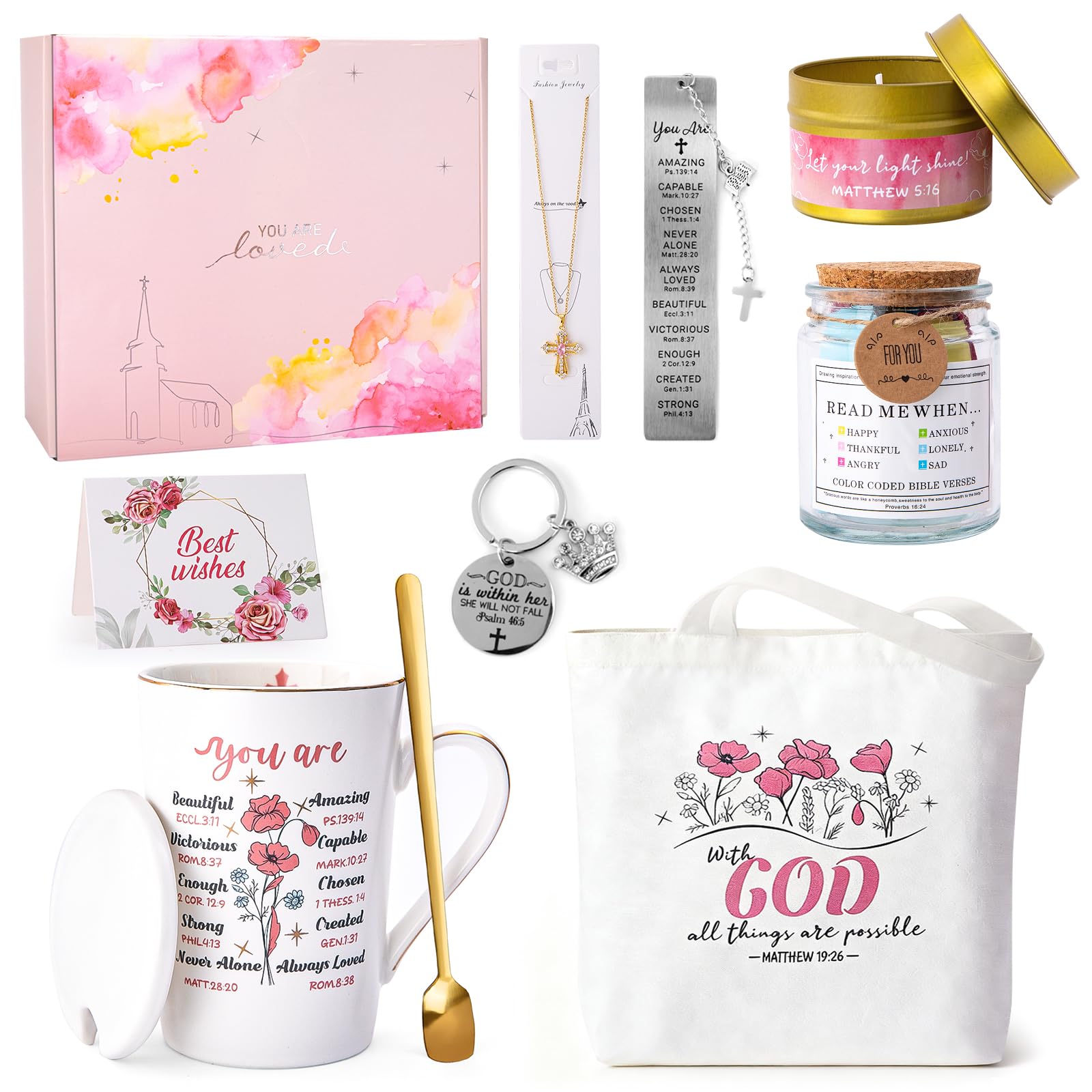 Christian Gifts for Women Religious Catholic Inspirational Gifts for Women Birthday 9PCS Baptism Spiritual Faith Gift Set Include Bible Verse Jar Christian Bookmark Keychain Tote Bag Necklace Mugs