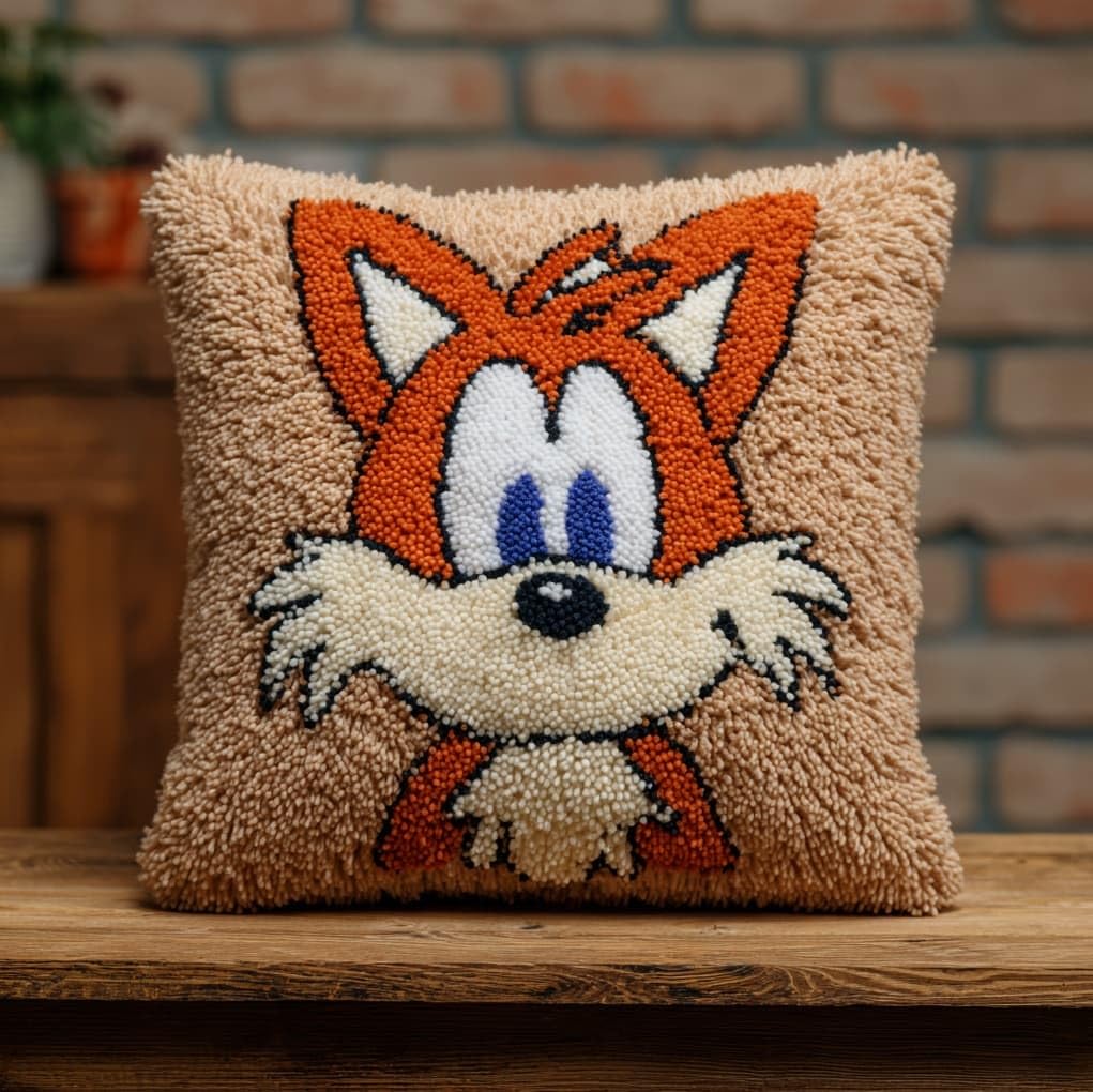 WallustrioaW Latch Hook Cushion Kits for Adults BeginnersCute Cartoon Fox,Handmade Crochet Craft Kits Cushion Cover Needlework for Home Decoration,17x17in