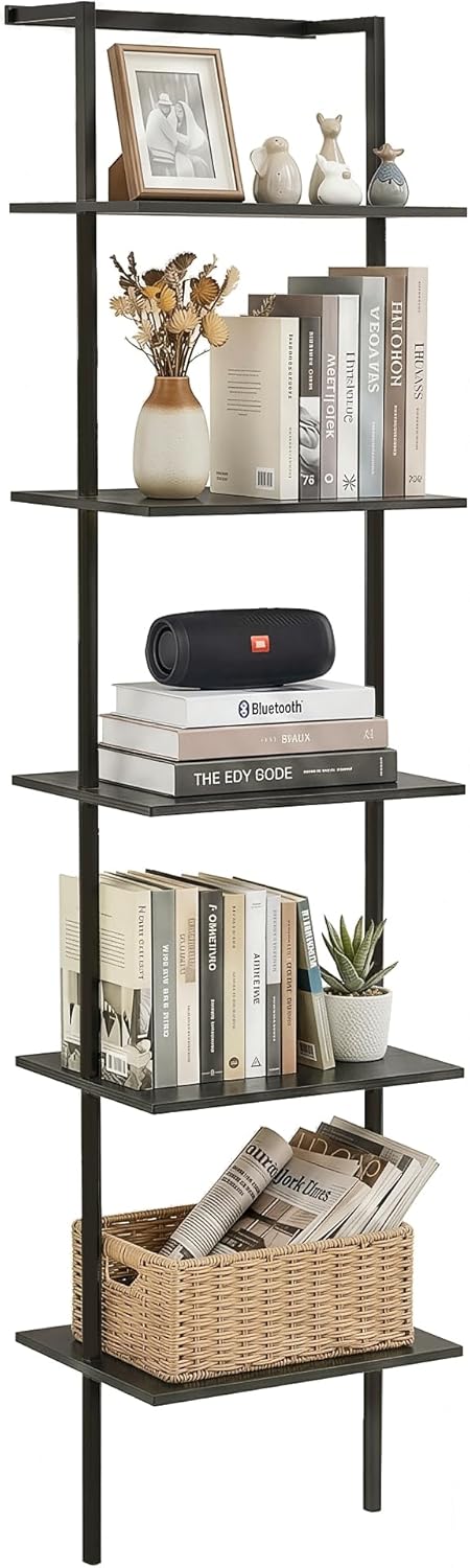 5-Tier Ladder Shelf, Wall Mounted Ladder Bookshelf with Metal Frame, Wood Tall Open Storage Rack and Display Shelves for Home Office Bedroom Living Room, Black