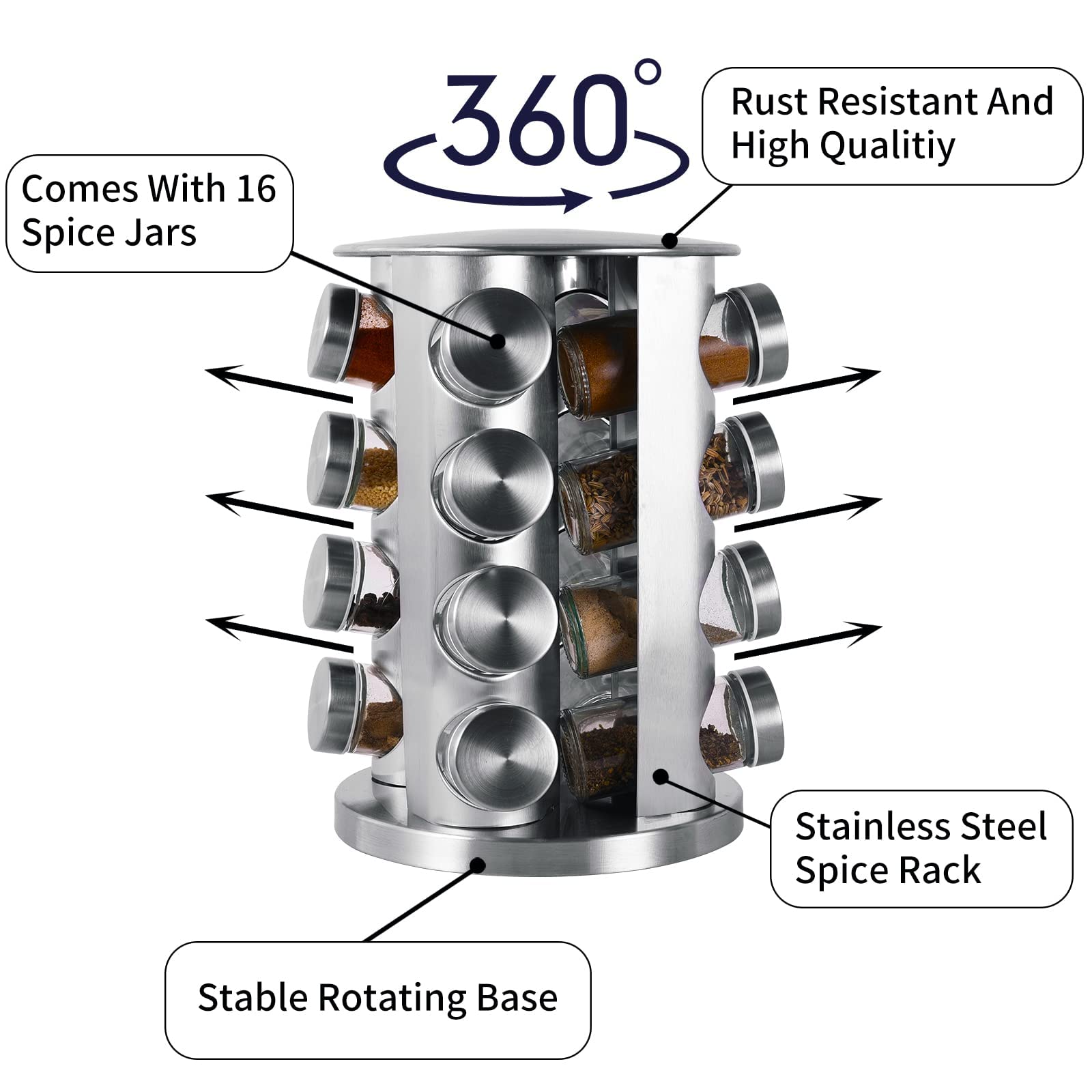 Miorkly Rotating Spice Rack Organiser with 16 Spice Jars, Thick and