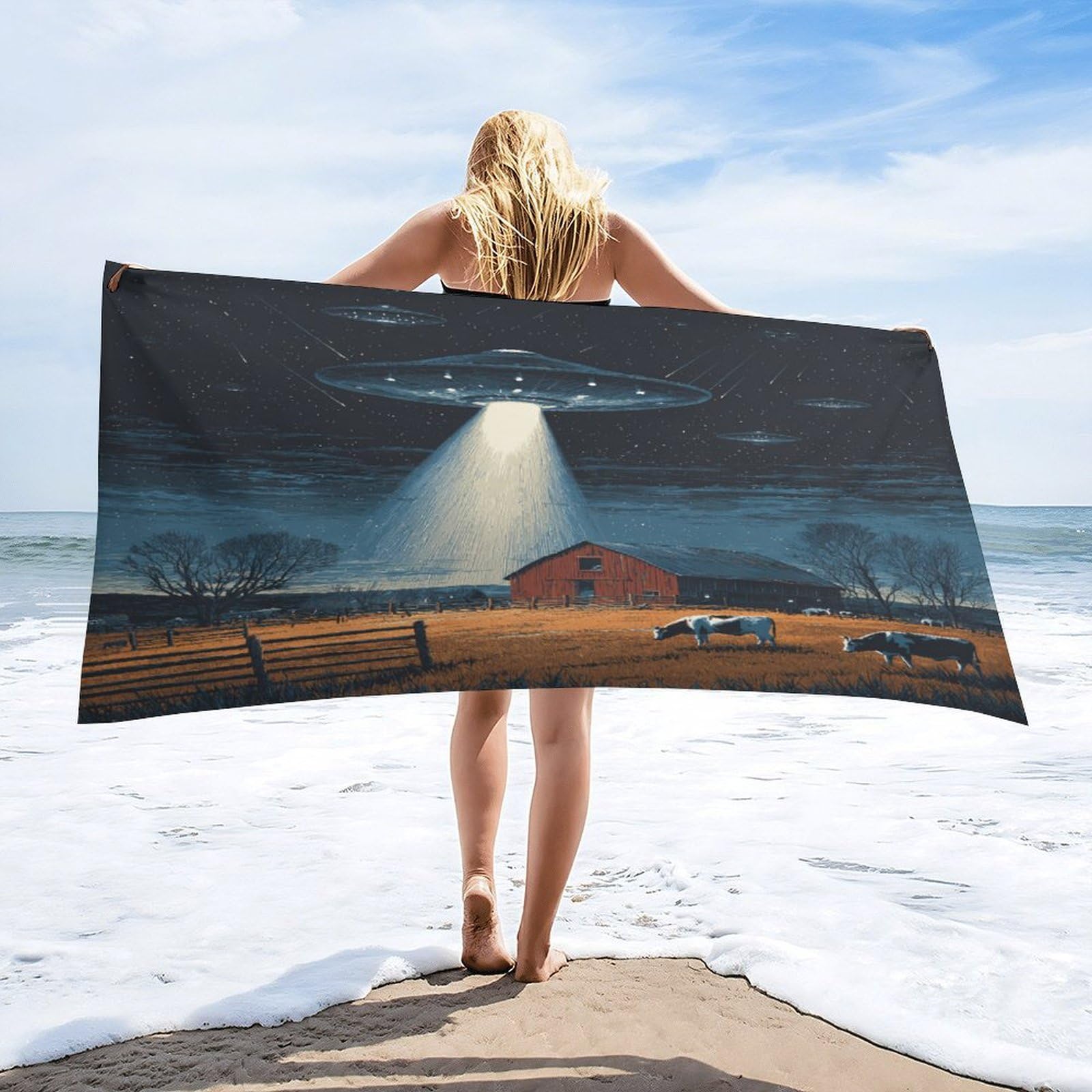 Luyysky Rustic Abstract Farmhouse Ufo Absorbent Beach Towel, Retro Western Farm Log Cabin Barn Animal Cow Outdoor Single-Sided Velvet Beach Towel-80 W Cm X 160" L Cm