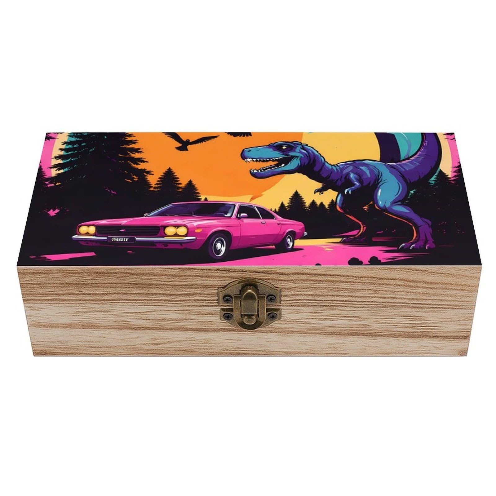 HLBSDM Colorful Dinosaurs Cool Full Moon Wooden Storage Box