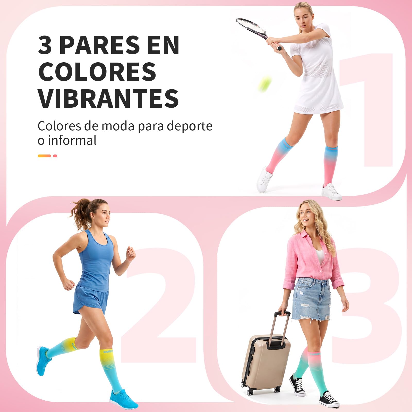 CAMBIVO Medias de Compresión Mujer Hombre 3Pares, Calcetines Compresion 15-20mmHg, Transpirables Calcetines Largos, Compression Socks para Deporte, Running, Ciclismo, Viajar en Avión, Enfermera, Moda