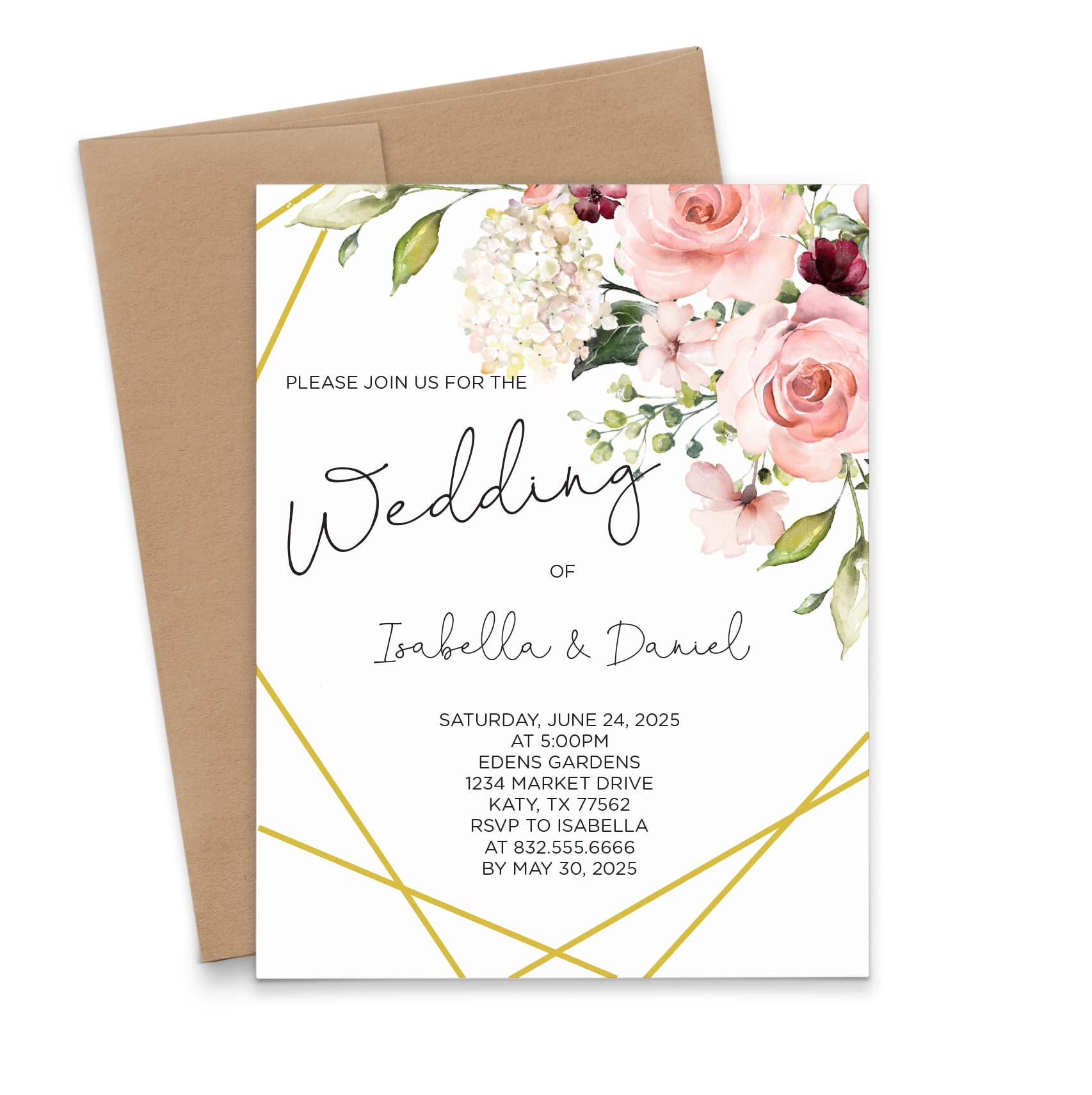 Personalized Floral Wedding Invites, Elegant Wedding Invitations with Florals, Modern Wedding Invitation with Envelopes, Pink Floral Marriage Invite, Your choice of Quantity and Envelope Color