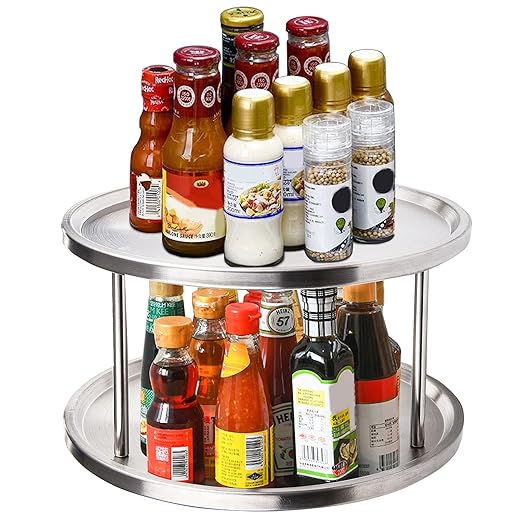 Yarlung 2 Tier Stainless Steel Lazy Susan, 10.5 Inch Kitchen Turntable 360 Degree Rotating Spices Rack Spinning Tray Cabinet Organizer for Condiments, Countertop, Pantry, Food Storage, Silver