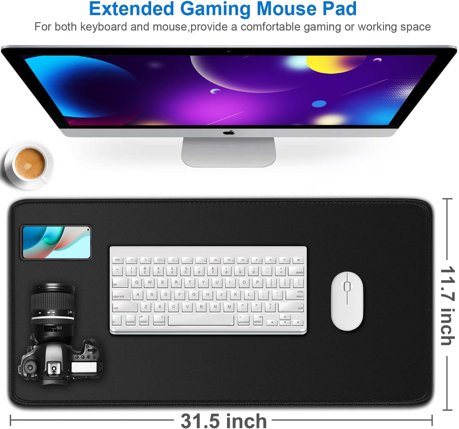 Large Extended Gaming Mouse Pad, Water Resist Non-Slip Mousepad Rubber Base Long Desk Mouse Pad with Stitched Edges, Computer Keyboard Mouse Mat for Gaming, Office & Home, 31.5 x 11.7 in, Black - Image 2