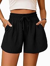 Totatuit Short Femme en Coton et Lin avec élastique Taille Haute avec Cordon de Serrage Sport Jogging Pantalon Ample Court avec Poches Shorts de Plage Short