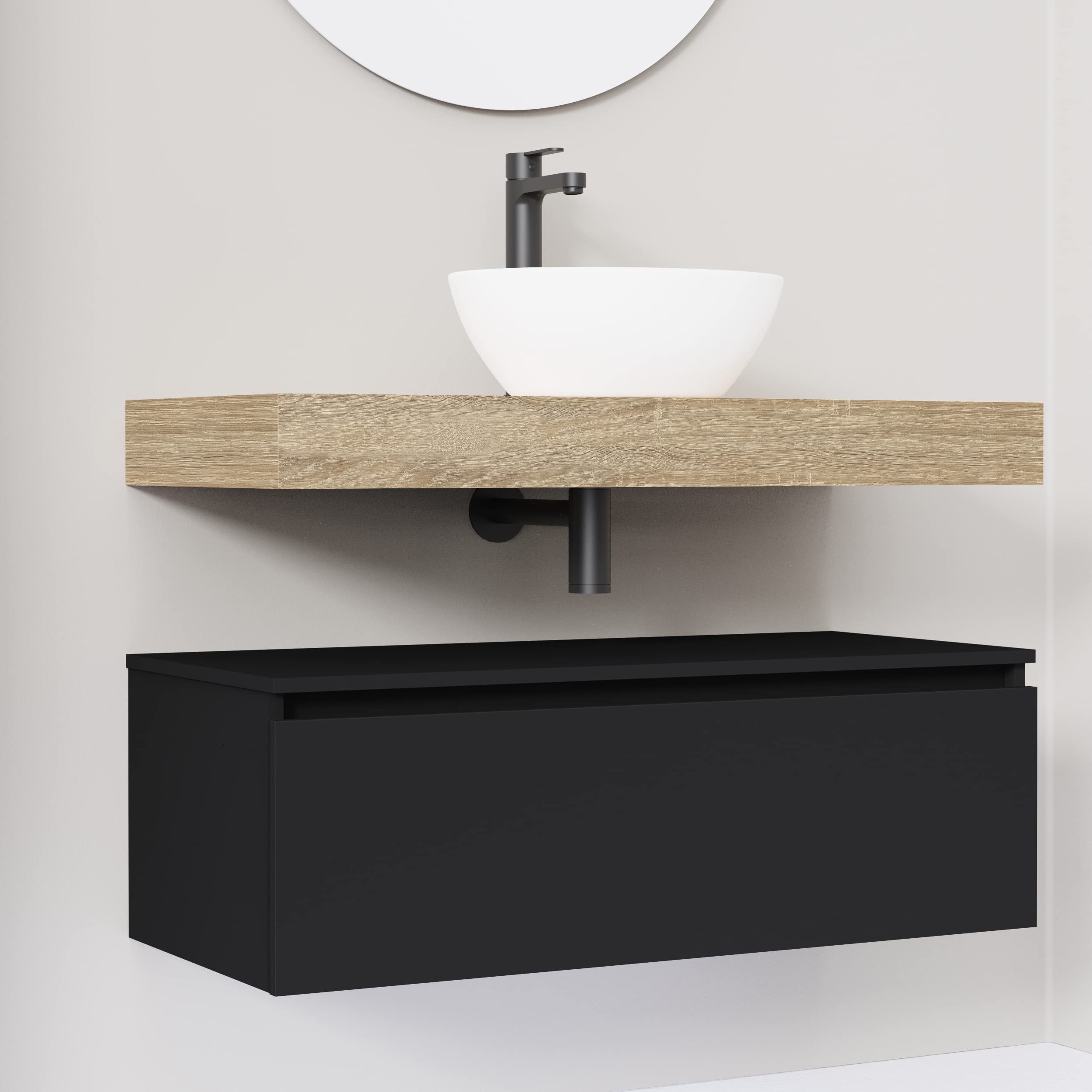 Baikal Mueble de Baño Boho. Módulo de Baño de 1 Cajón. Mueble Suspendido en Pared. Acabado en Negro Mate. Mueble MONTADO. Módulo 100 cm Negro Mate