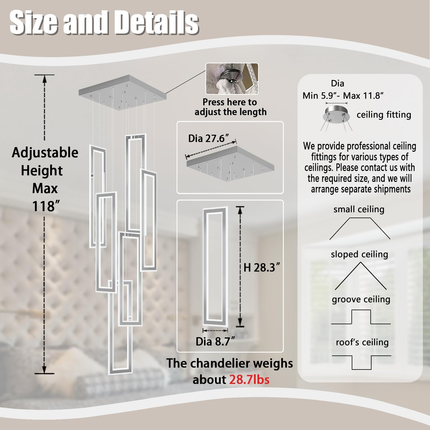 ykolupty Modern Chandelier, Rectangle Chandeliers with 6 Ring Led Foyer Chandeliers,Larger High Ceiling Chandelier for Living Room,Entryway Staircase LED Dimming 2700k-6000k