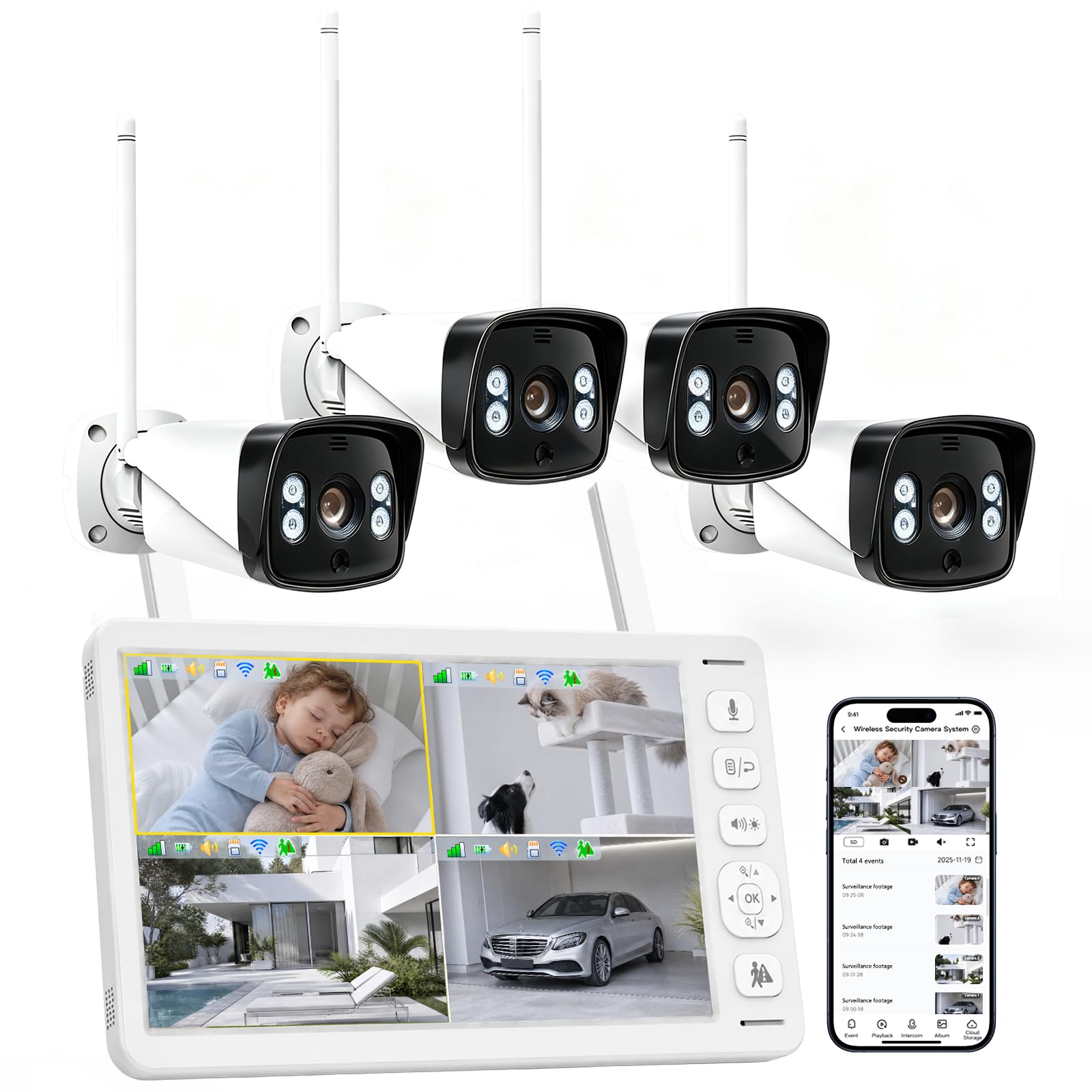 VTimes Smart Home Security Camera System Wireless Outdoor with Monitor