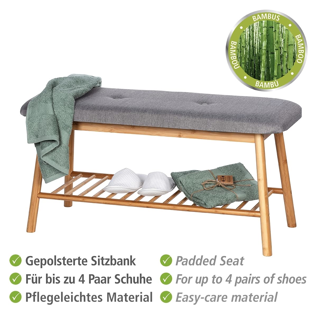 WENKO Szafka na buty z siedziskiem Nori, wykonana z bambusa, poszewka ze 100% poliestru, 90 x 45 x 34 cm, brązowa/szara