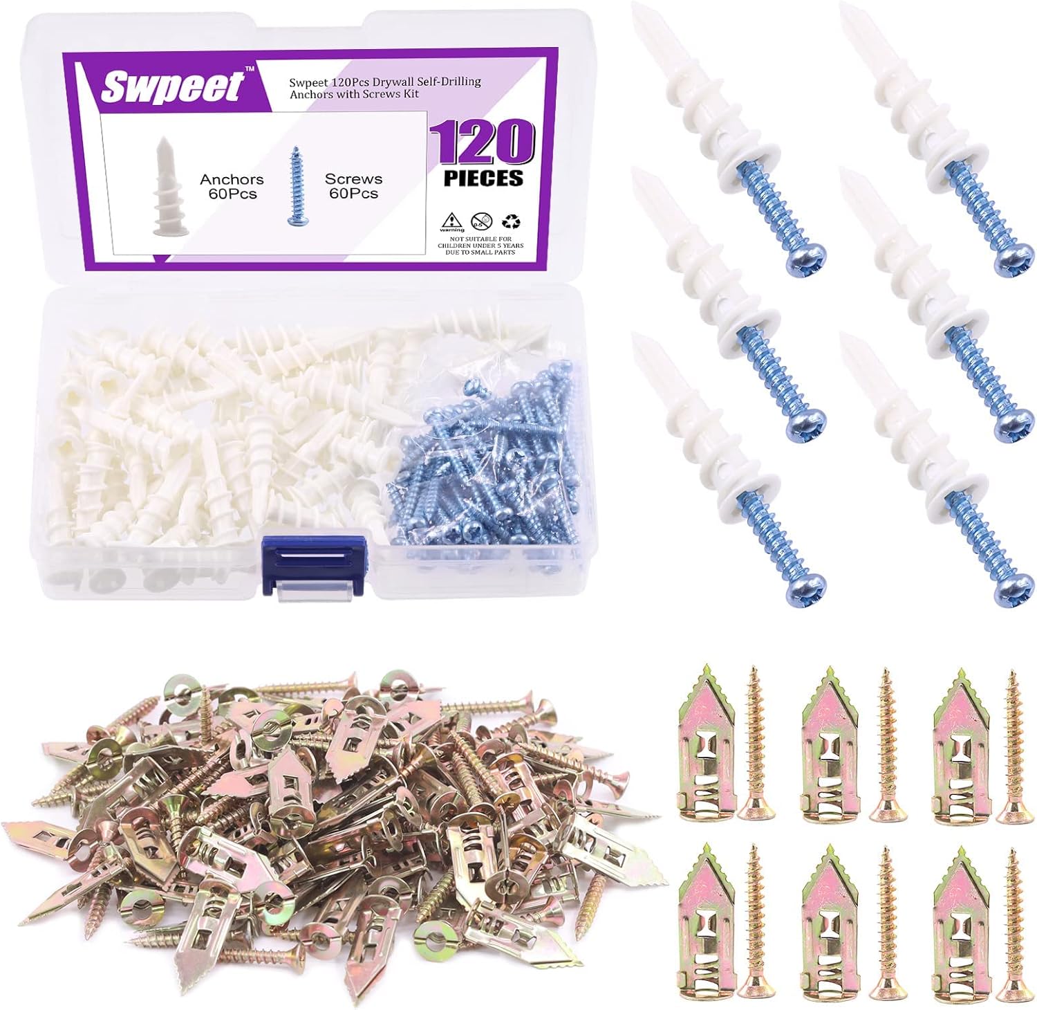 Swpeet 200Pcs Drywall Self-Drilling Anchors with Screws Kit + 120Pcs Plastic Self Drilling Drywall Anchors
