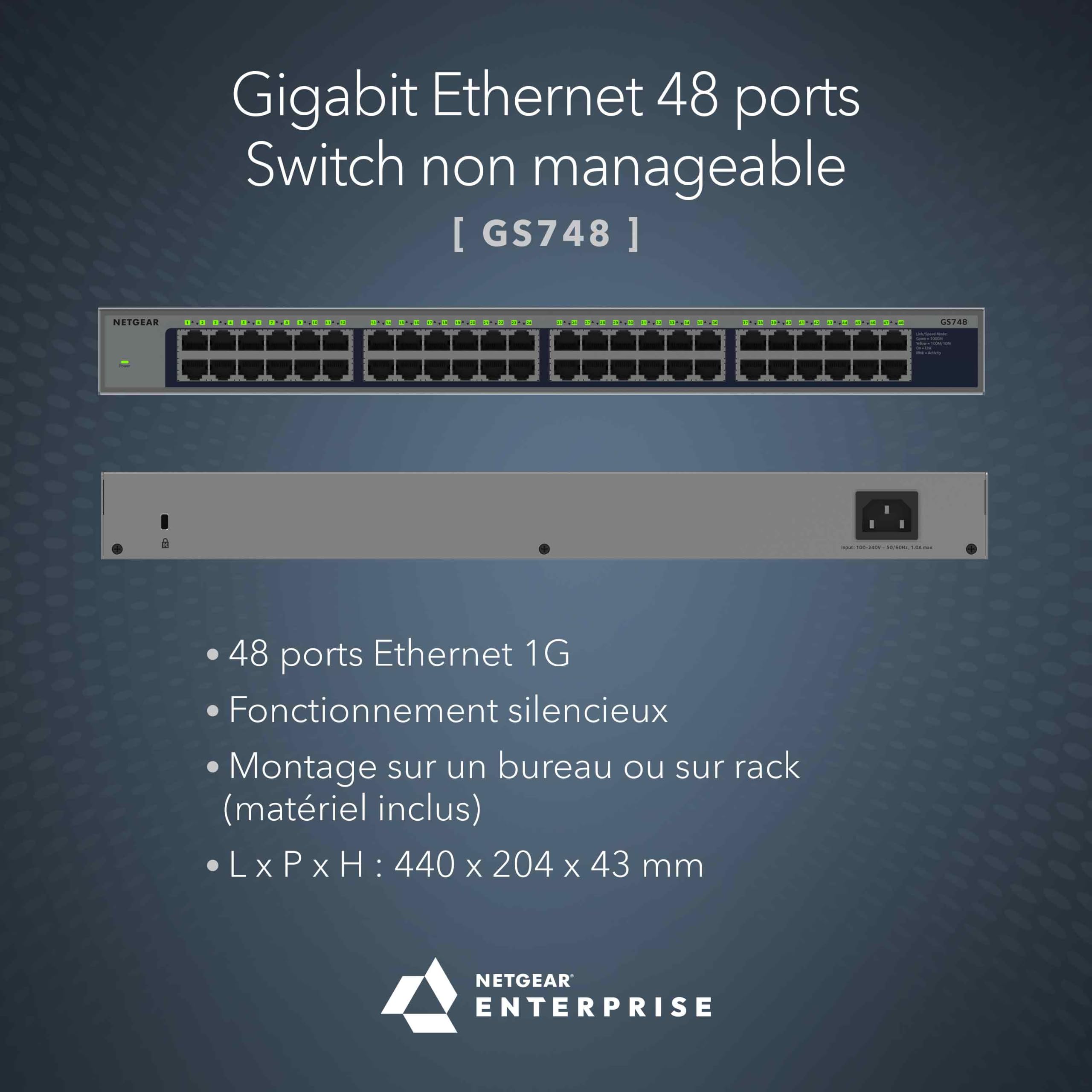 NETGEAR Switch Gigabit Ethernet Non manageable à 48 Ports – Bande passante de 96 Gbit/s, sans Ventilateur, Montage en Rack ou sur Bureau (GS748)