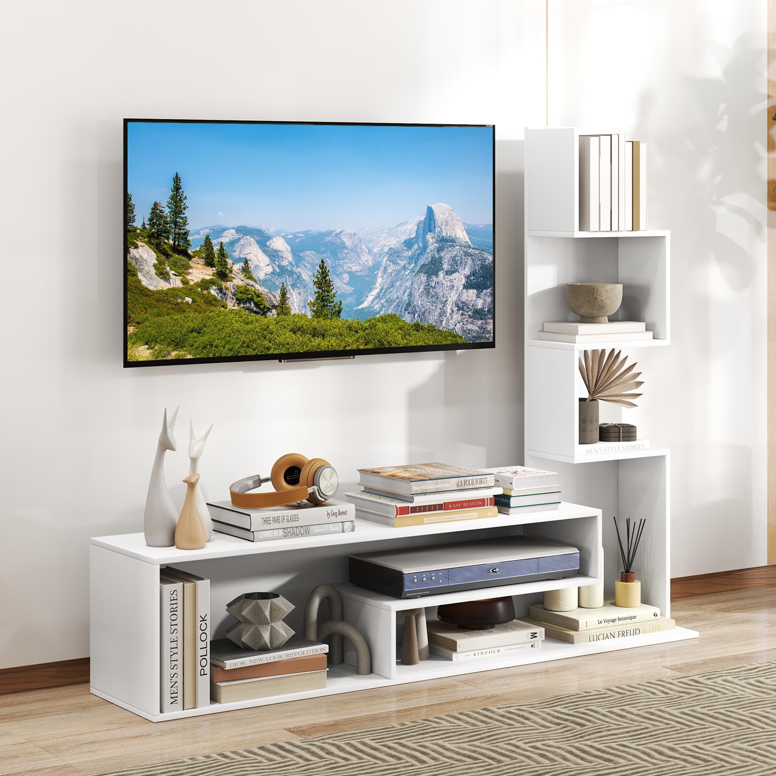 COSTWAY Mobile per TV a Cubi per TV Fino a 50”, Tavolo Console Media con Mensole di Stoccaggio a Forma di L e Scomparti Aperti, Centro di Intrattenimento per Soggiorno, Ingresso (Bianco)