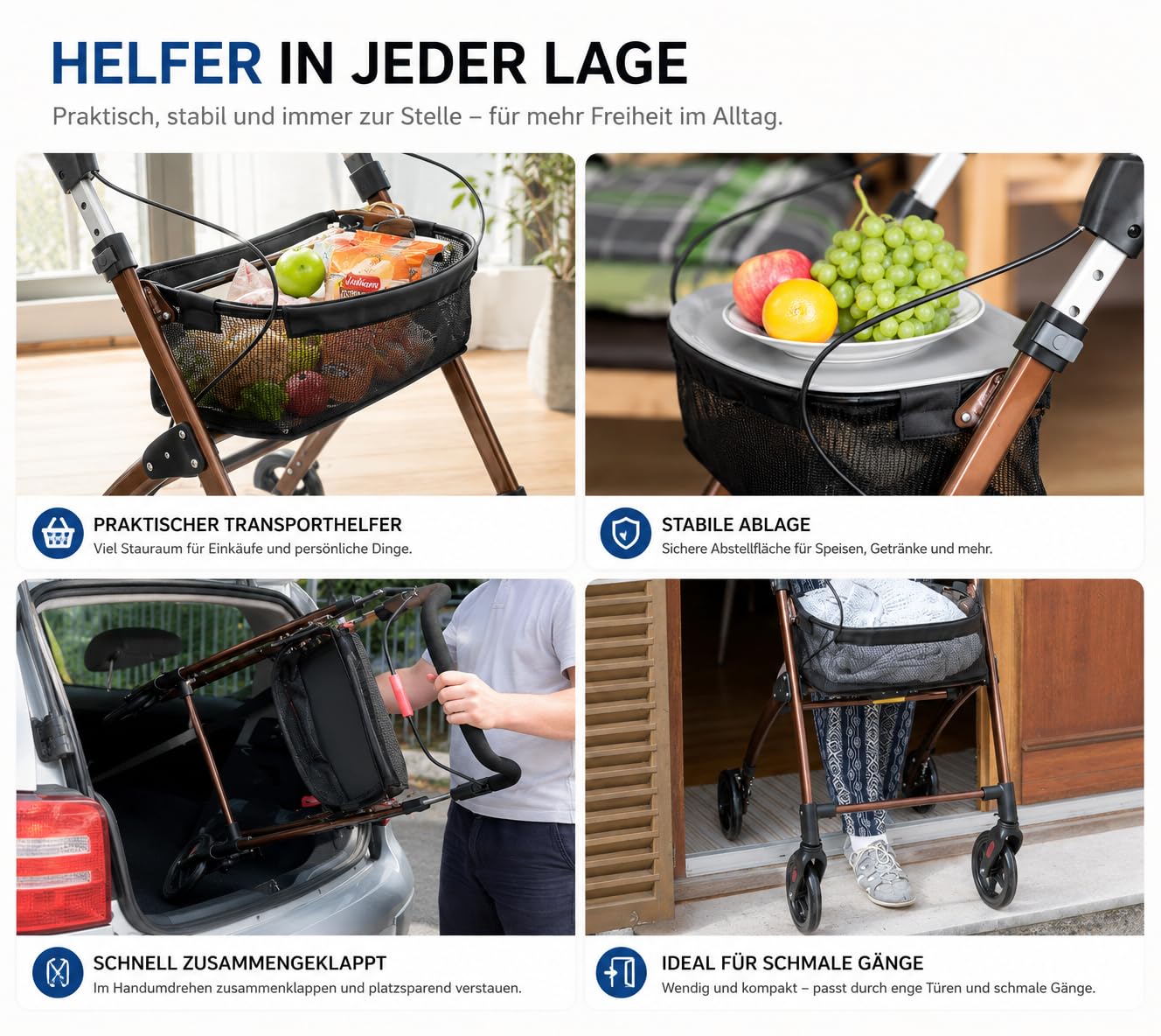 Casa Soft Braun Rollator schmal für Wohnung & Innenbereich, faltbar & leicht, 5 kg I höhenverstellbarer Wohnungsrollator von Lösch Reha I zuverlässige Gehhilfe für Senioren
