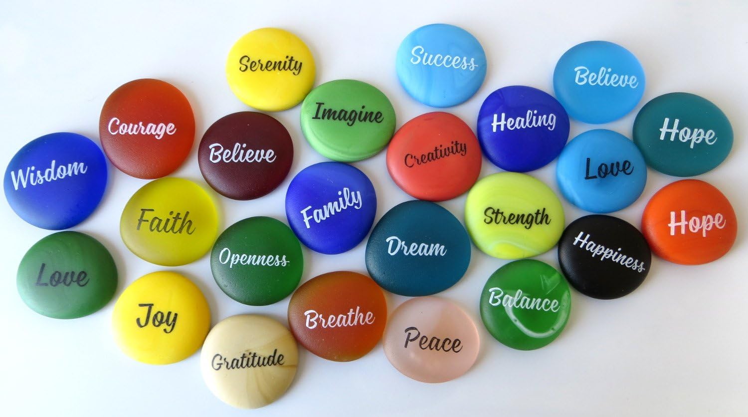 Lifeforce Glass Sea Stones, Frosted Faux Sea Glass, Motivational, Inspiring Encouraging Single Words Set of 24.