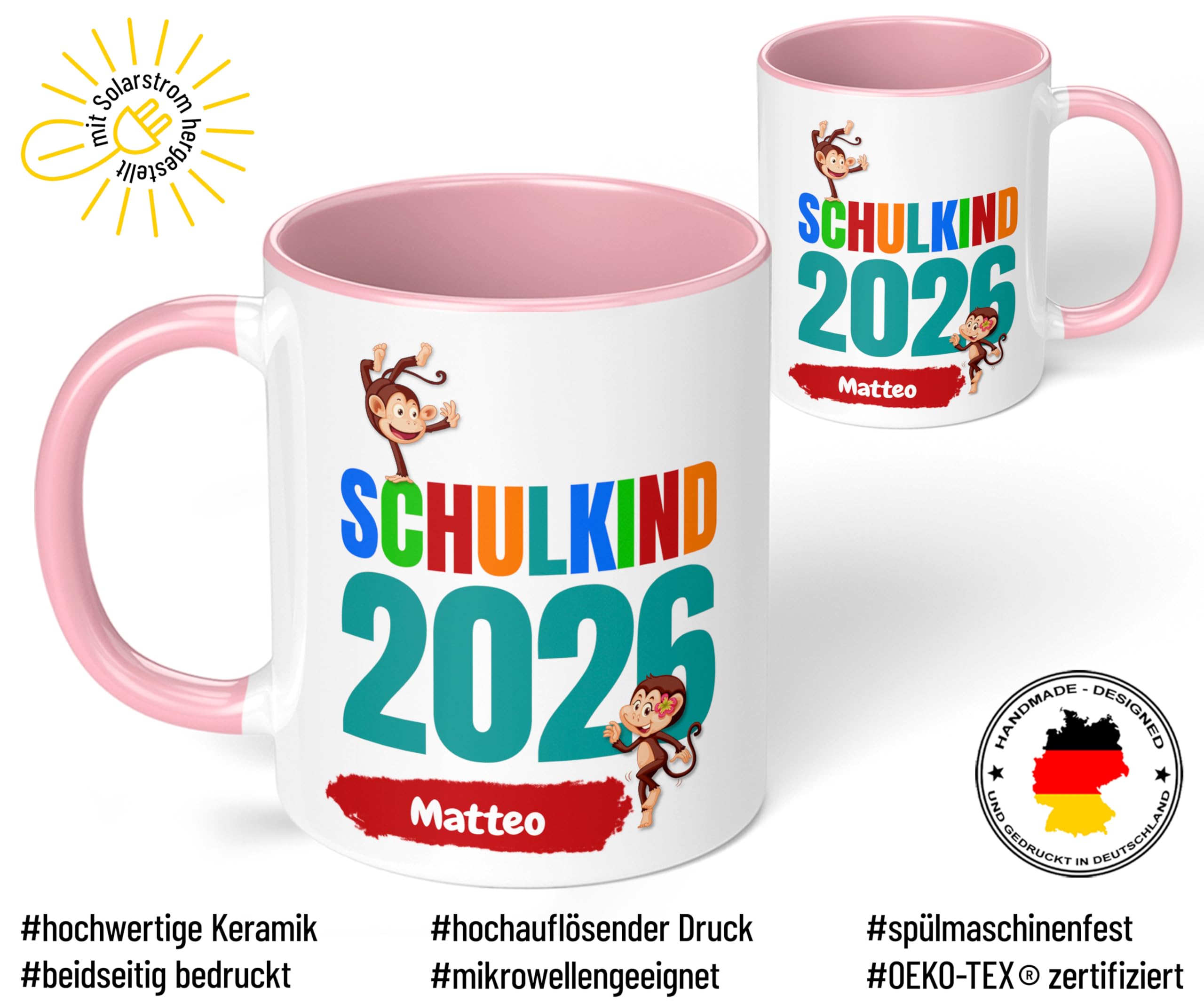 Geschenk zur Einschulung für Mädchen und Jungen: personalisierte Tasse Schulkind 2026" Affen-Motiv mit Namen, Rosa