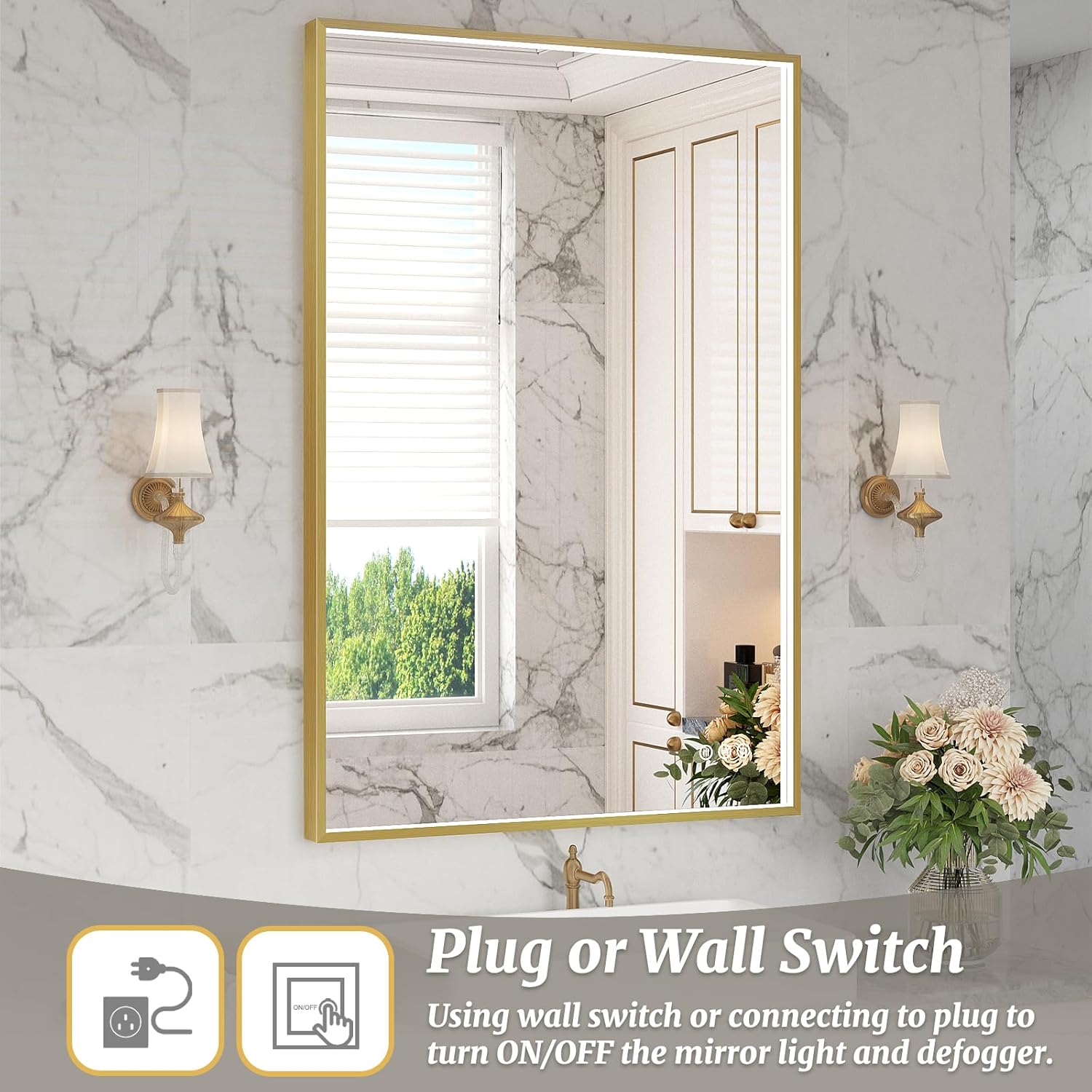 24x36 Inch LED Bathroom Mirror, Gold Metal Framed Lighted Mirror for Bathroom, Wall Mouted LED Vanity Mirror with Lights, 3 Colors and Stepless Dimmable, Anti-Fog, Memory