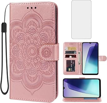Case for Redmi 14C, 2411DRN47C Wallet Case with Tempered Glass Screen Protector, Mandala Leather Flip Credit Card Holder Stand Phone Cover Cases for Xiaomi Redmi 14C Rose Gold
