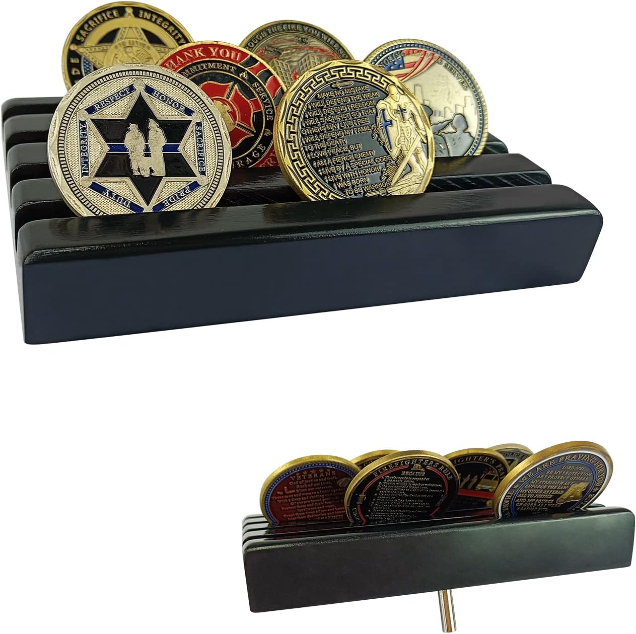 ASmileIndeep Military Challenge Coins Display Holder Small ,Challenge Coin Stand Wood Holds 10-12 Coins ,4 Row Military Coin Holder Rack for Desk,Army Coin Holder for Collectors ,Black Finish