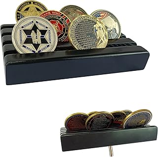 ASmileIndeep Military Challenge Coins Display Holder Small ,Challenge Coin Stand Wood Holds 10-12 Coins ,4 Row Military Coin Holder Rack for Desk,Army Coin Holder for Collectors ,Black Finish