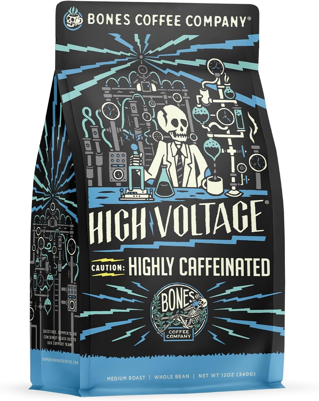 Bones Coffee Company High Voltage, Highly Caffeinated Unflavored Coffee, Medium Roast Low Acid Arabica Beans Compatible with Auto drip and French Press Coffee Maker, 12 Oz Whole Bean