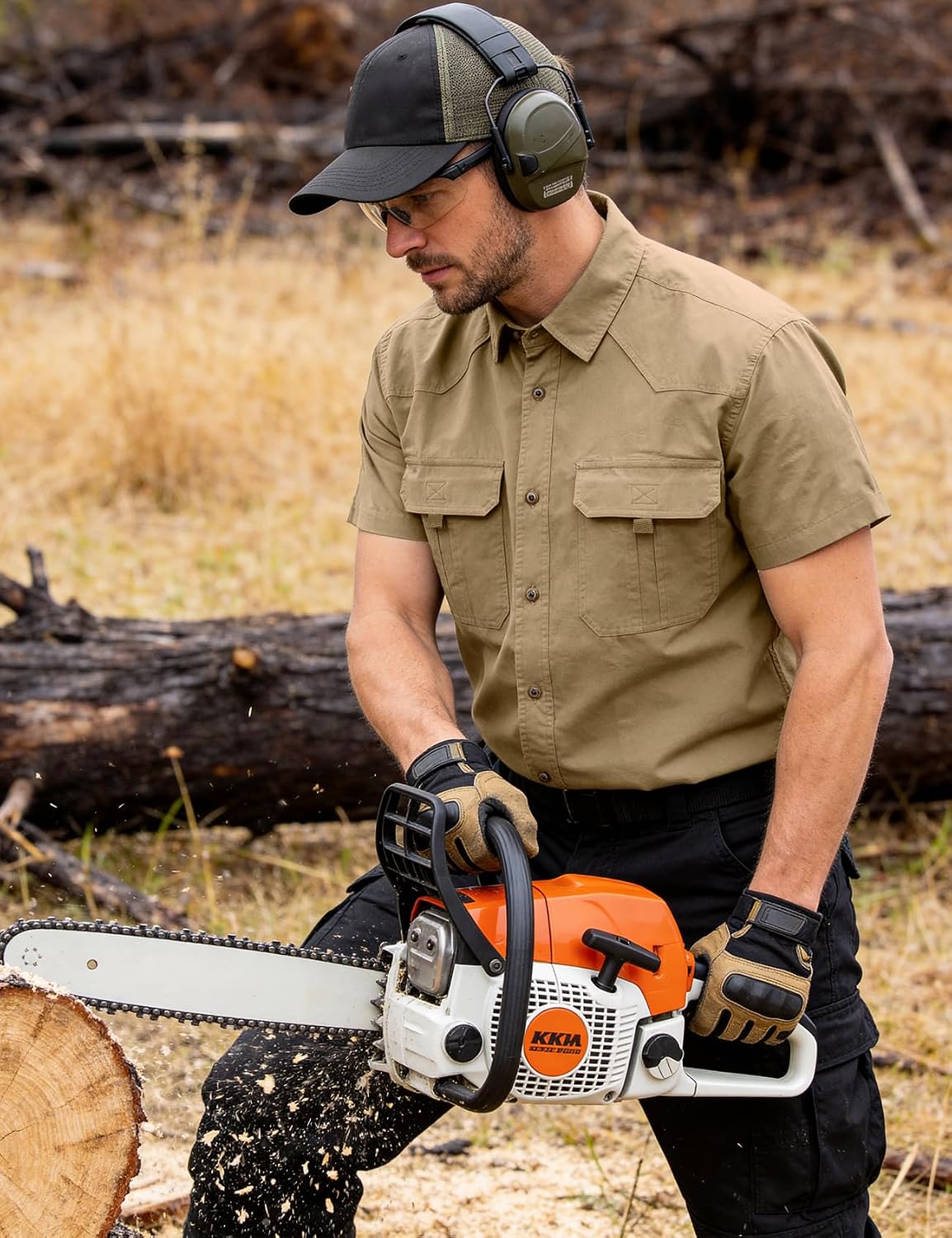 Flygo Work Shirts for Men Short Sleeve Cotton Button up Western Cowboy Cargo Utility Shirt Classic Work Wear