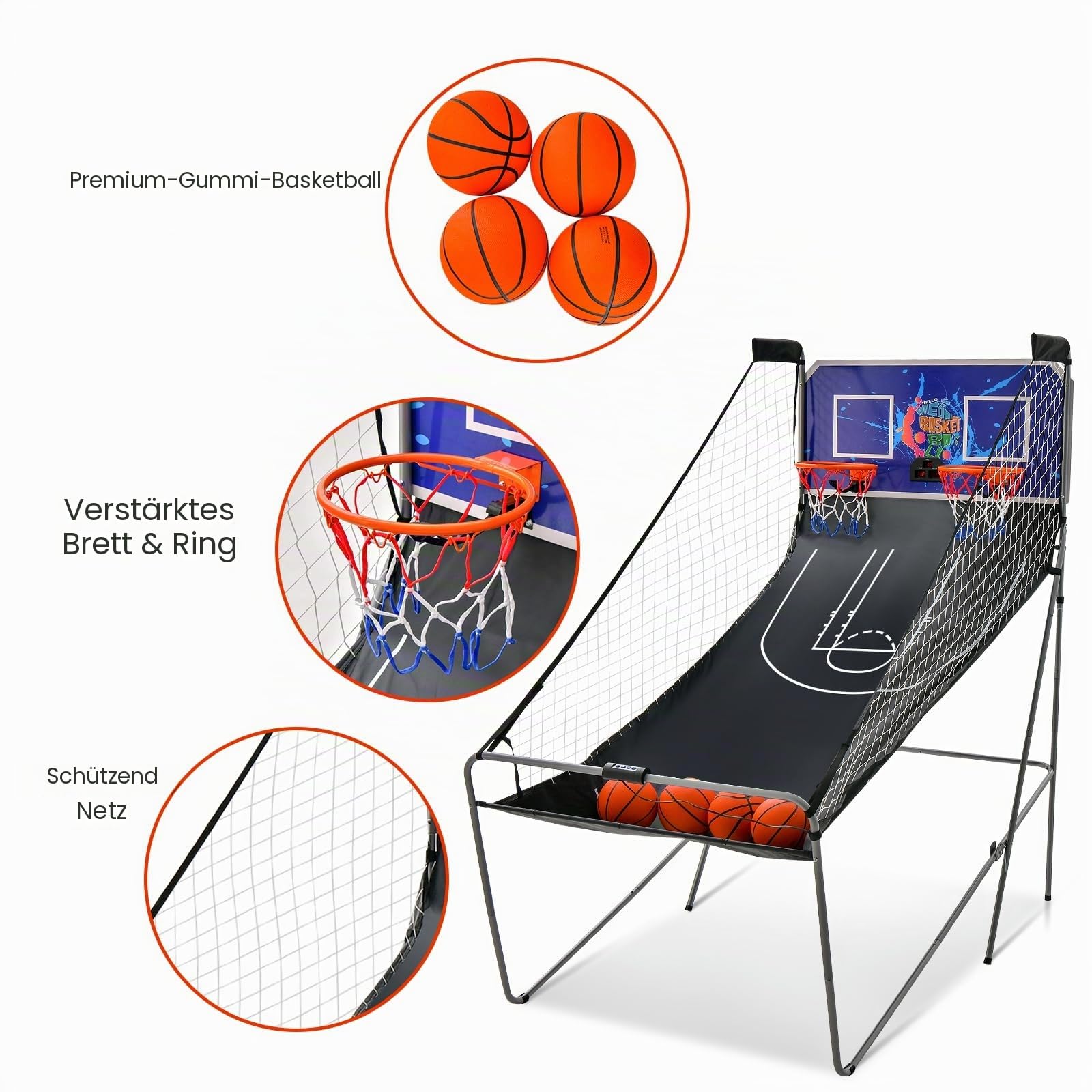 LIFEZEAL Basketball-Arcade-Spiel, Faltbar Basketballautomat für 2 Personen, Elektronische Basketballwurfmaschine mit 2 Basketballkörbe, 8 Spielmodi & Zähler, 4 Bälle, 1 Pumpe