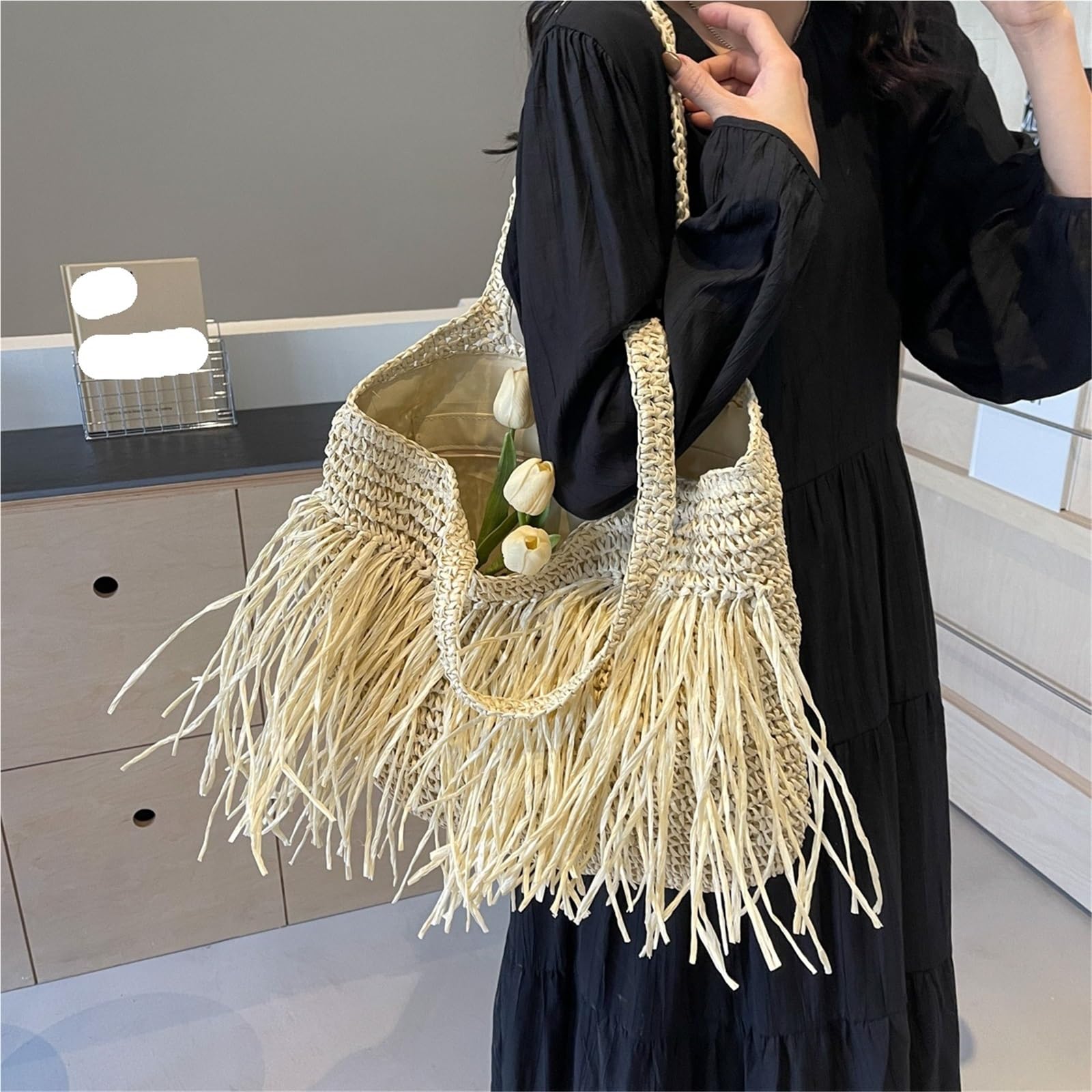 bolso mujer verano Bolsos de hombro tejidos con borlas informales for mujer, bolso mano grande for playa y verano, compras