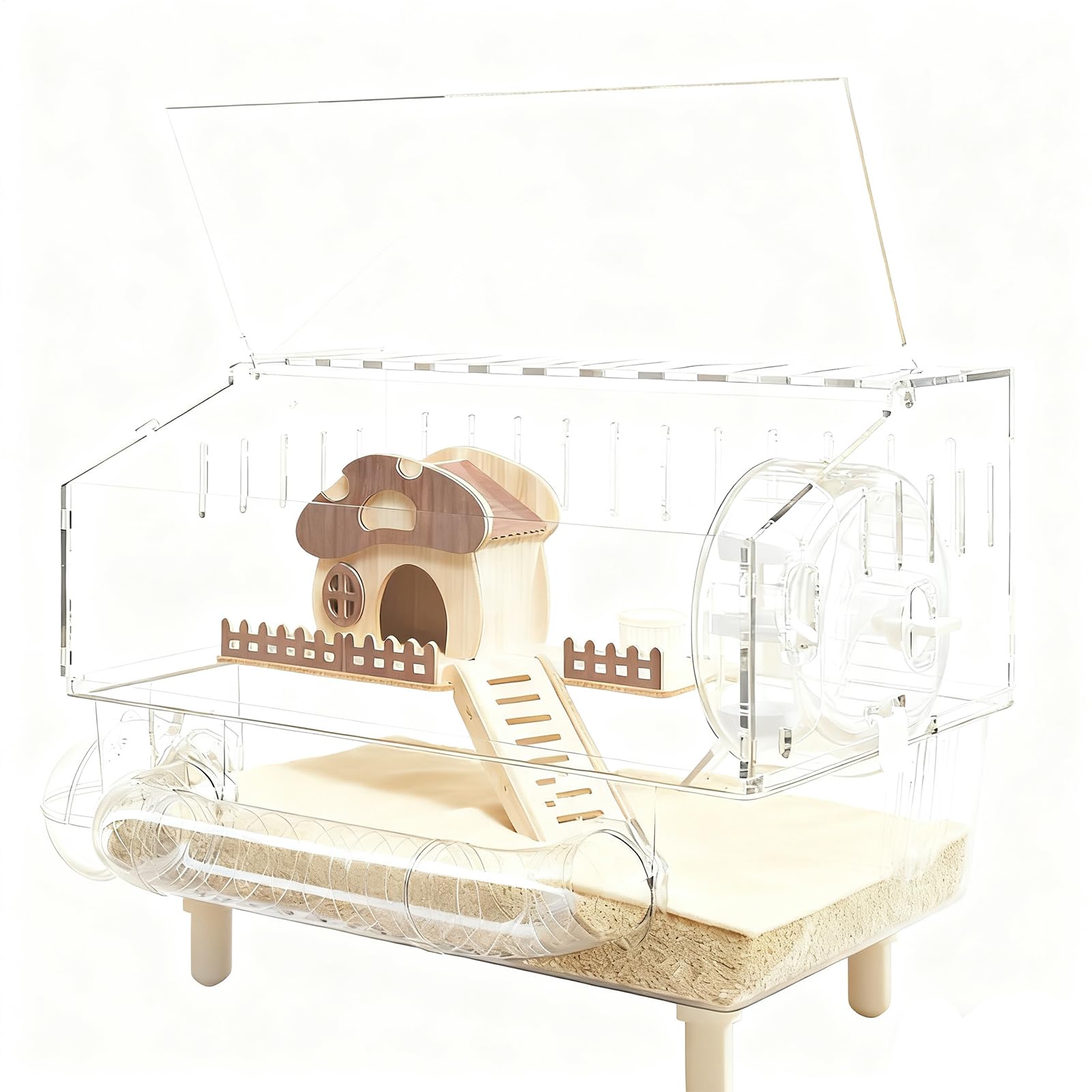 Habitat pour hamster en acrylique avec grande cage de jeu et rangement intégré