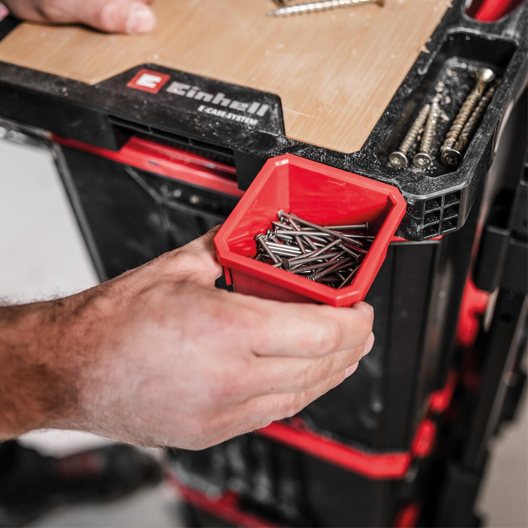 Original Einhell E-Case Arbeitsplatte (50 x 36 x 4,2 cm, max. 84 kg Nutzlast, Einhell E-Case System, robuster Bambus, Mobile Werkbank, Tragegriff, Zubehörhalterungen)