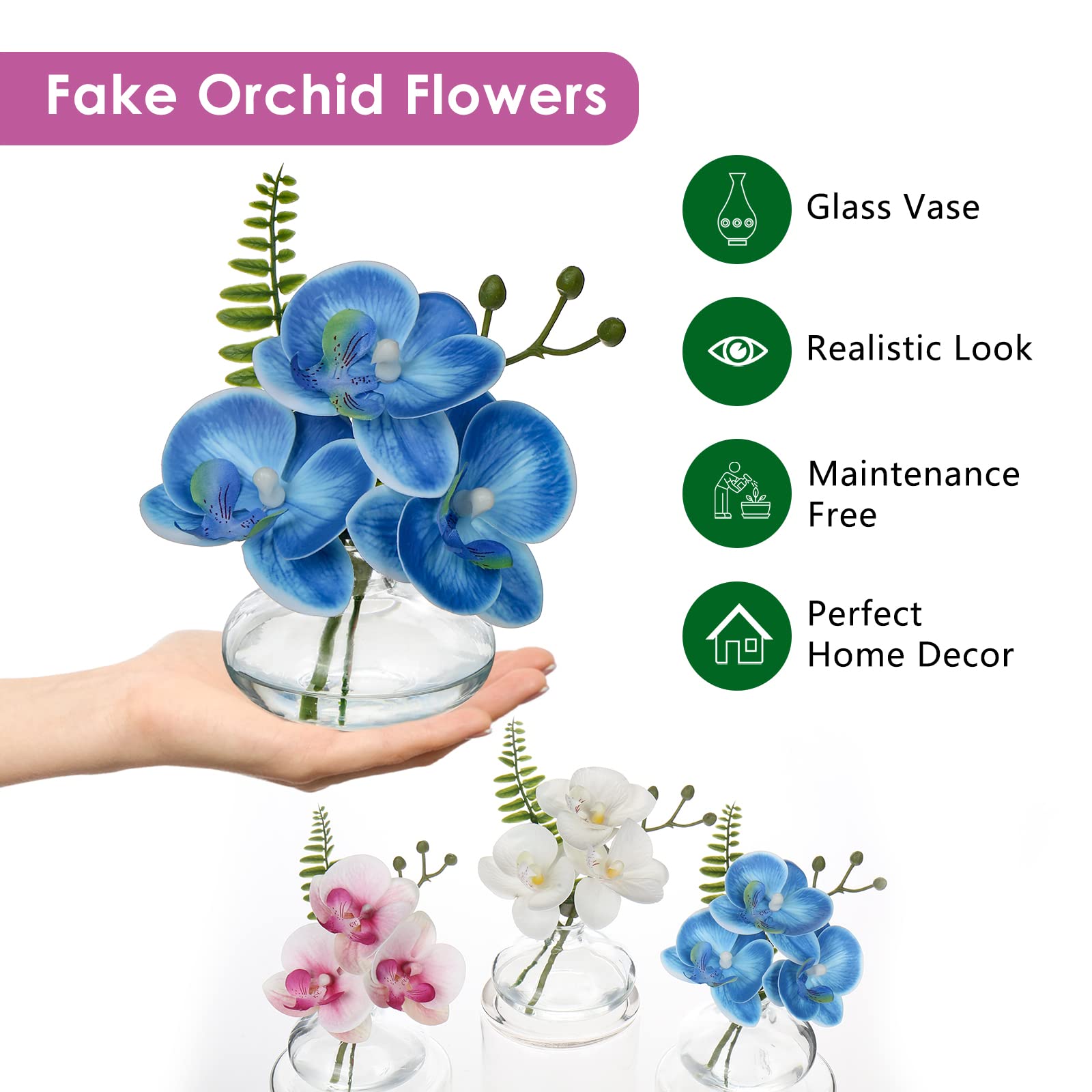 Briful Lot de 3 orchidées artificielles dans un vase en verre, orchidées bleues artificielles dans l'eau artificielle pour décoration de salon, salle de bain, bureau