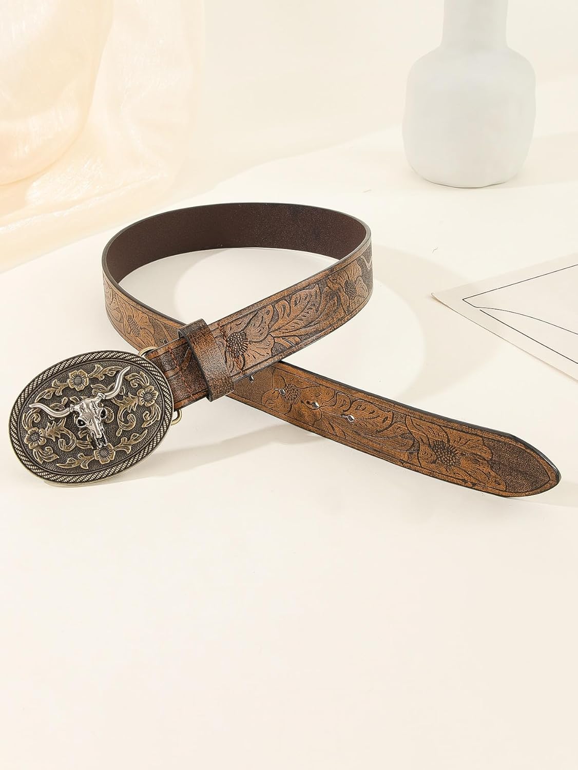 Women's Retro Vintage Western Country Belt Metal Buckle Faux Leather Floral Waist Belts - Image 2