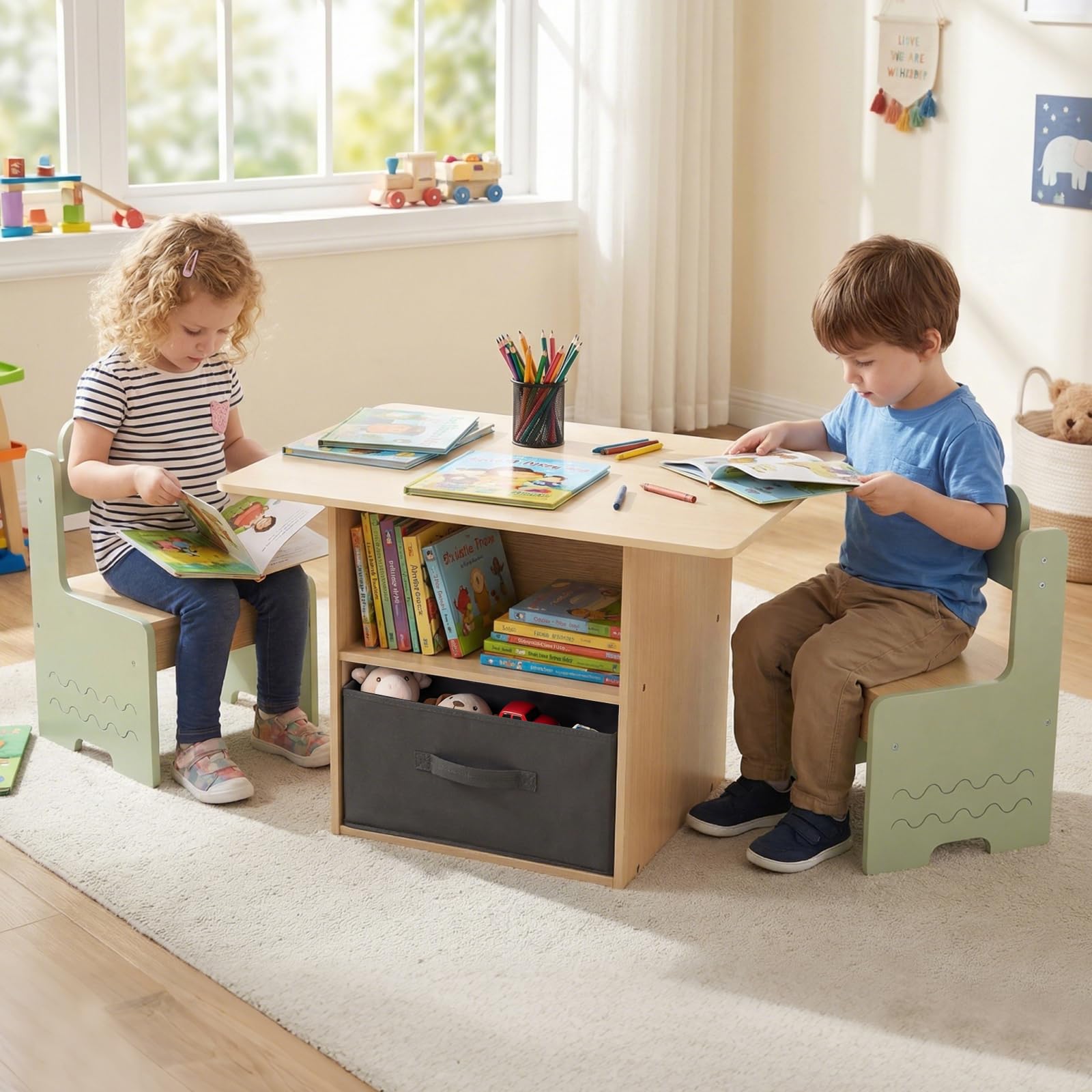 COSTWAY Table Enfant avec 2 Chaises en Bois, Bureau pour Dessiner Jouer, Charge 20/30kg, 3 Ans+