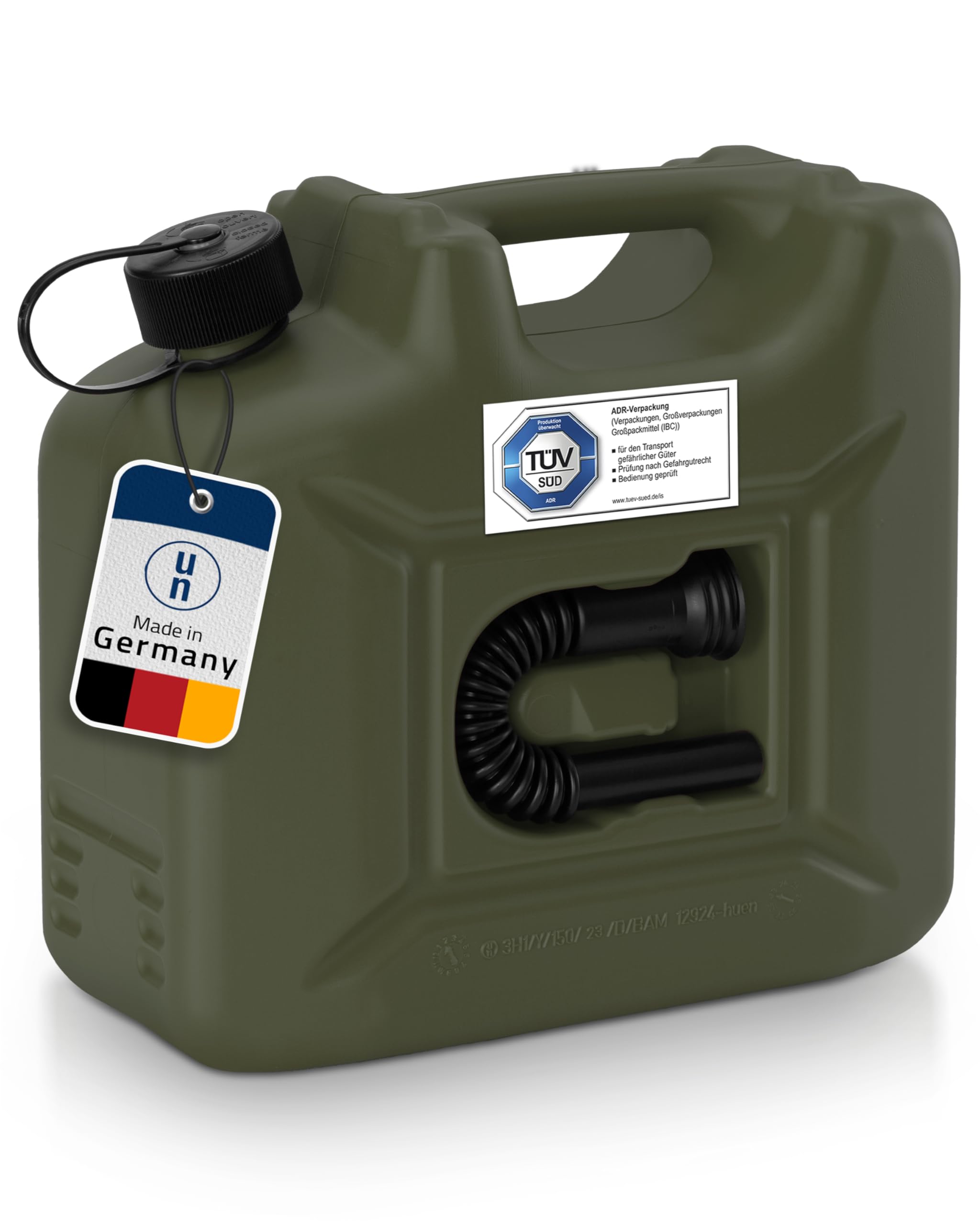 hünersdorff 801000 Kraftstoff-Kanister PROFI 10l für Benzin, Diesel und andere Gefahrgüter, UN-Zulassung, made in Germany, TÜV-geprüfte Produktion, oliv