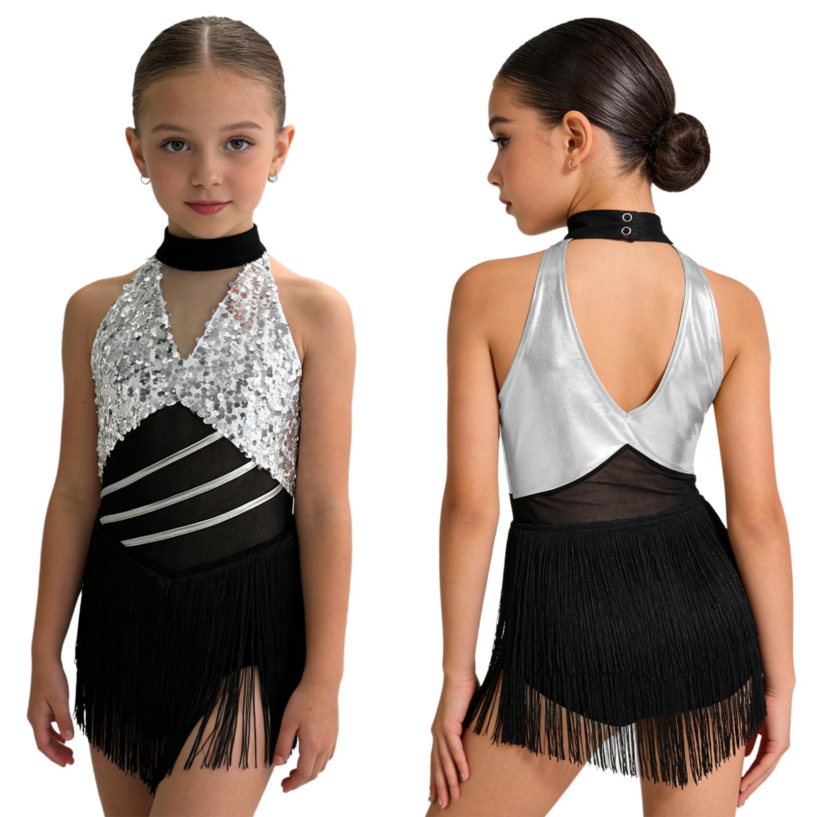 Freebily Vestidos Baile Salsa Samba Rumba con Flecos Niña Leotardo De Baile Latino Espalda Abierta Trajes De Bailarina Cha Cha — view 10