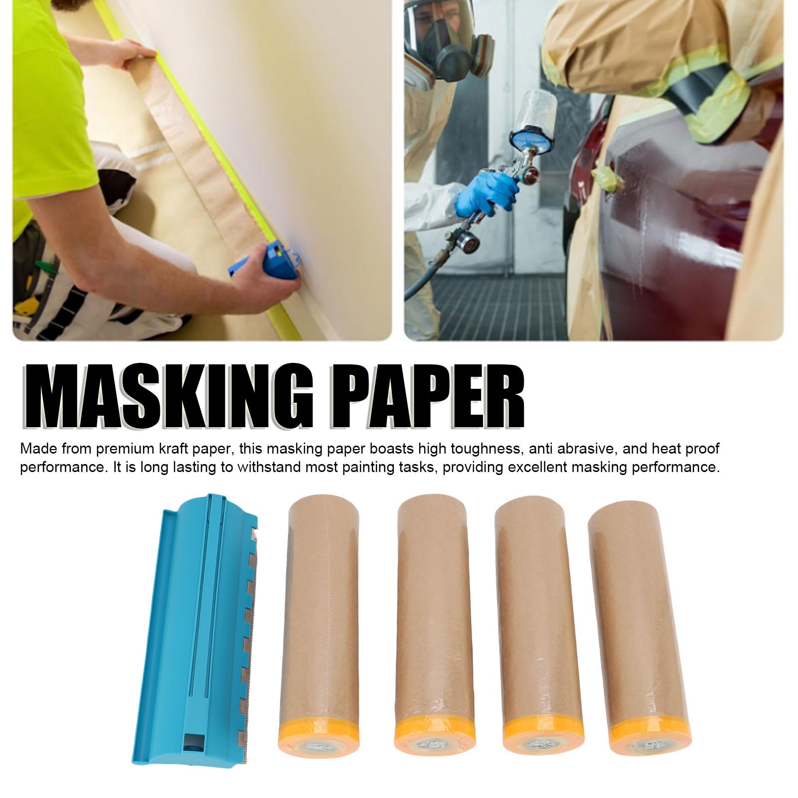 Cryfokt Papier de Masquage pré-encollé avec Distributeur 45,7 Cm 80 Pieds Rouleau de Protection de Peinture Kraft pour Carrosserie Automobile, Papier de Peintre pour Cadres, Plinthes et Garnitures,