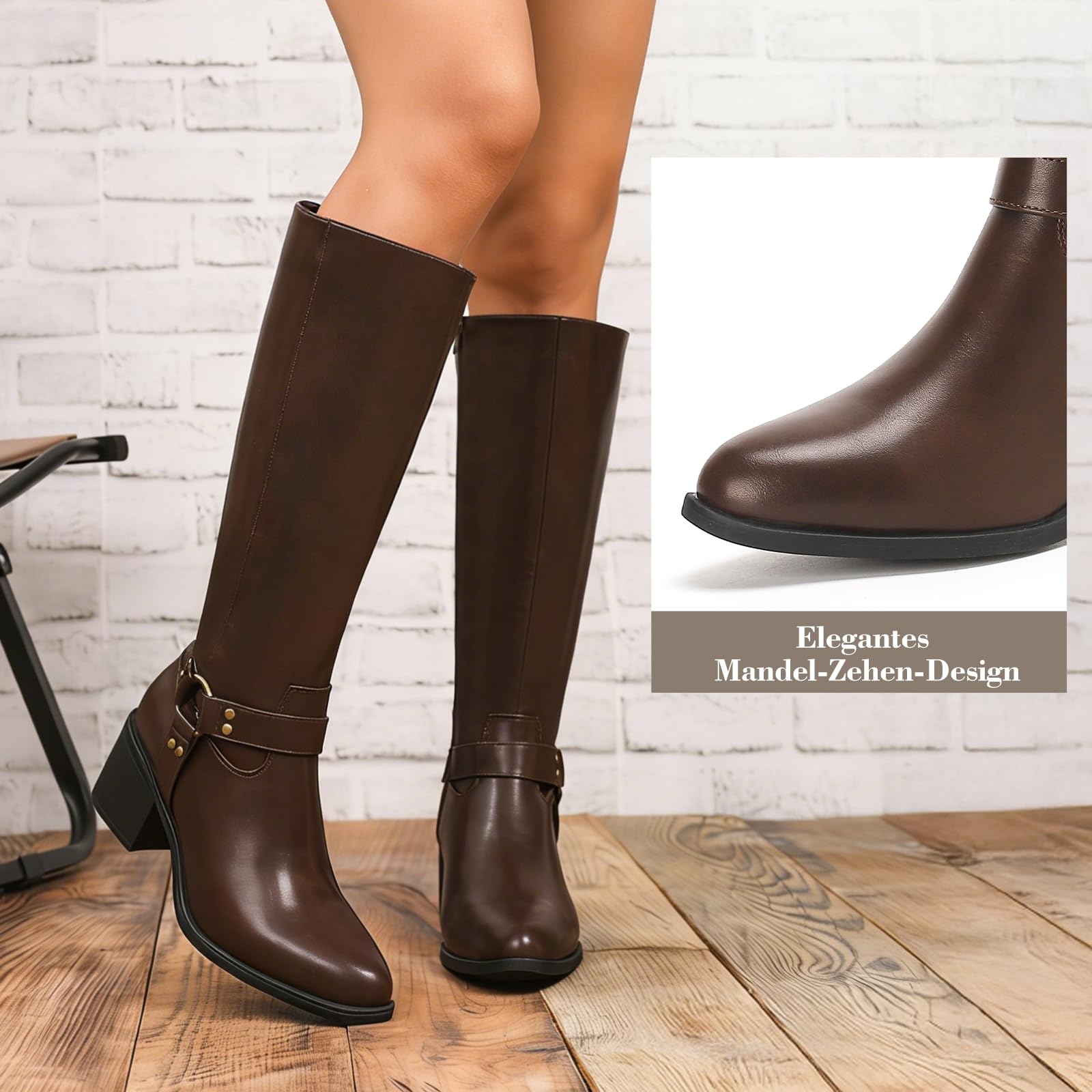 Putu Damen Stiefel weiter Schaft Blockabsatz Reißverschluss 36-41 | Kniehohe Damen Stiefel aus Kunstleder mit weitem Schaft, Reißverschluss, Blockabsatz und Schnalle für Alltag