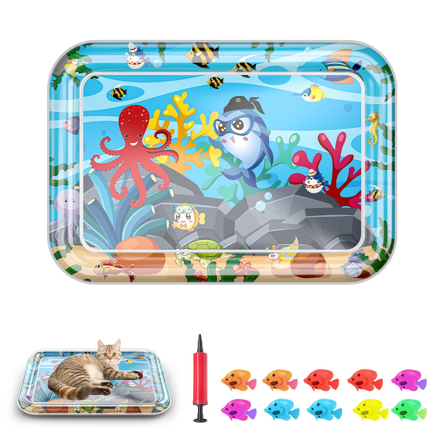 Baoyemes Marine Life Themed Cat Play Mat, Thickened Water Sensor Play Mat for Cats, Water Sensor Play Mat with Fish, Pet Water Sensor Mat, Water