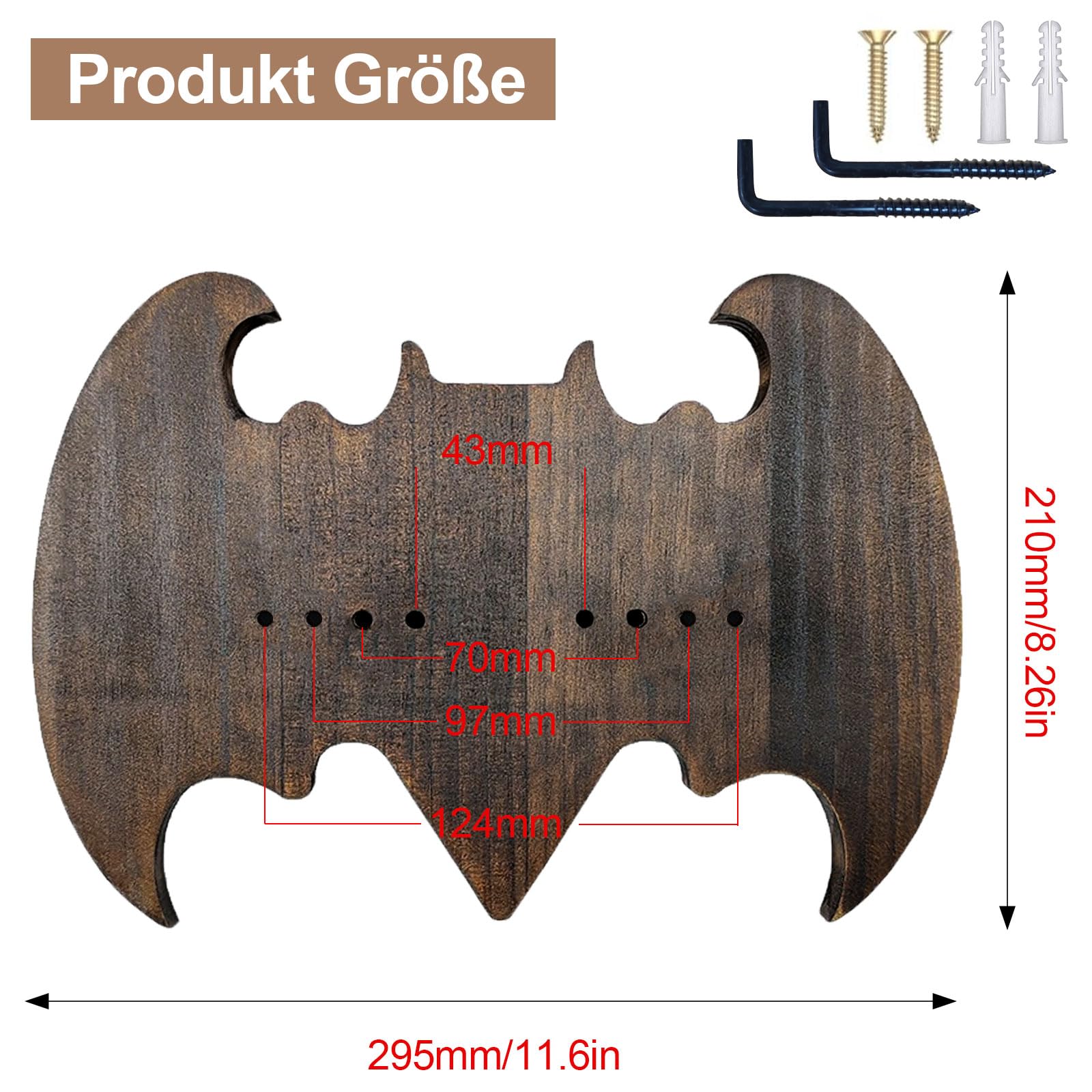 Porta Katana da Muro 29.5 × 21 cm, a Forma di Pipistrello, in Materiale di Pino, Distanza Minima 4.3 cm, Distanza Massima 12.4 cm, per Appendere Spade, Asce e Altre Armi